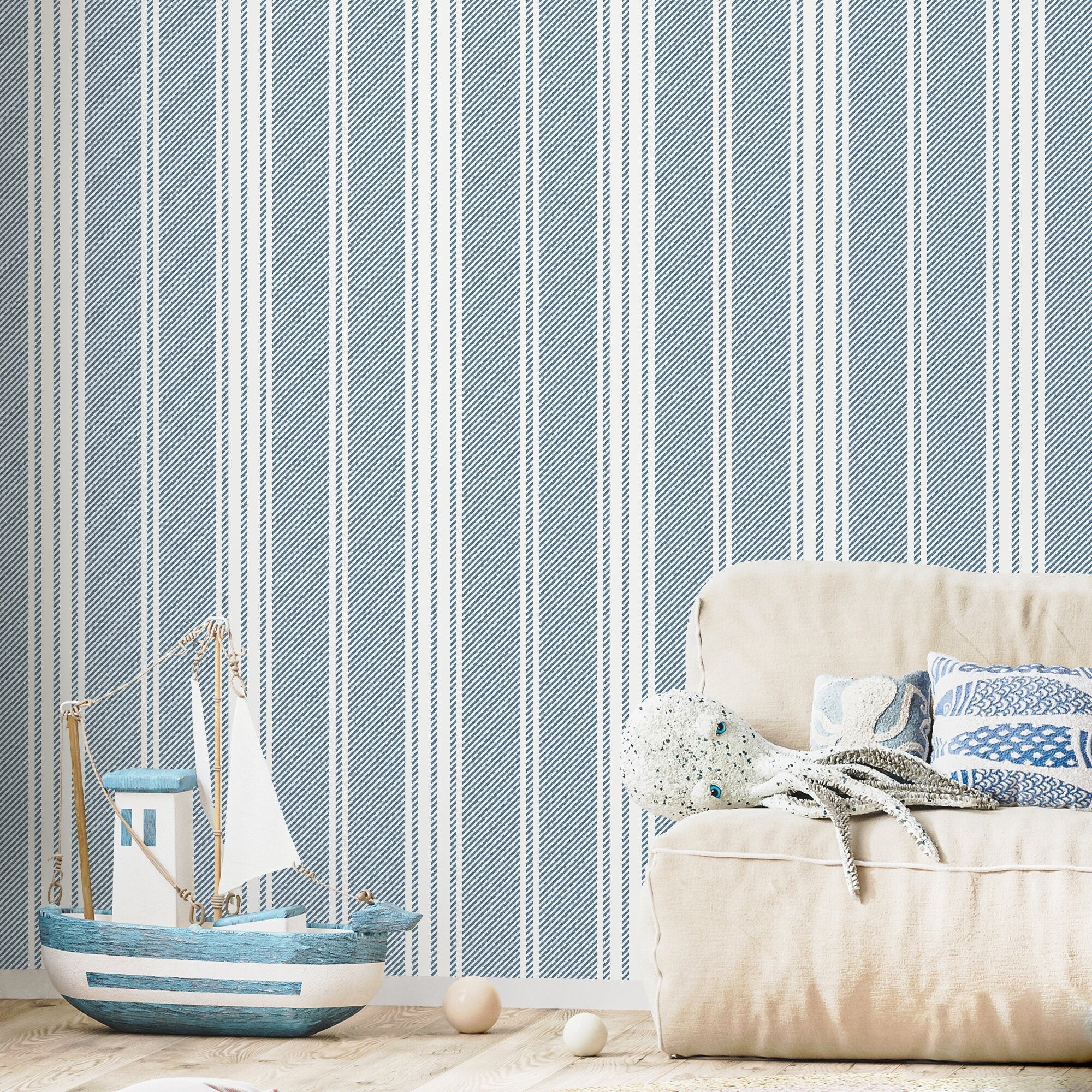 Striped Wallpaper Featuring Classic Ticking Stripes In Blue And White - D781