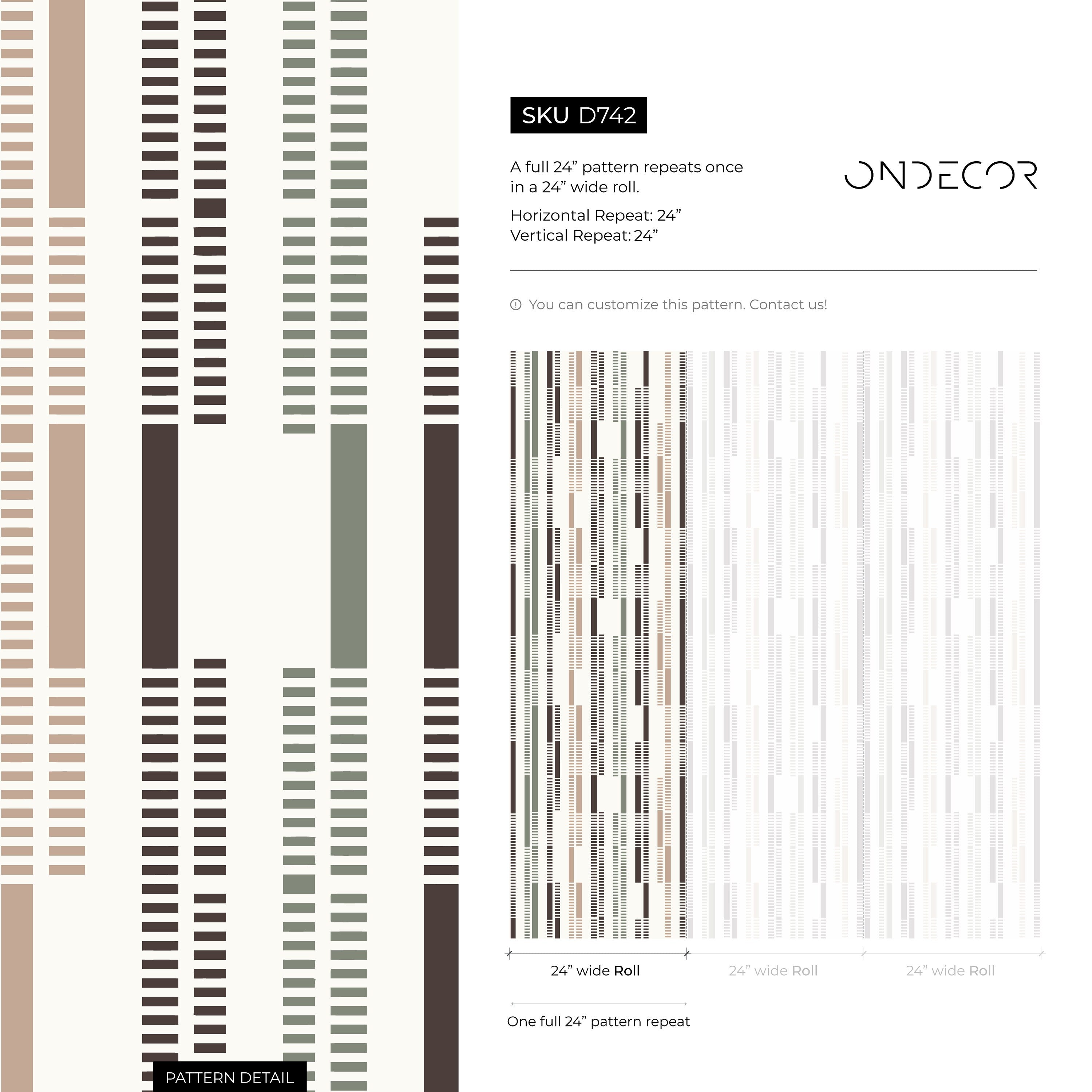 Geometric Wallpaper With Dashed Vertical Stripes In Brown, Green, And Taupe - D742