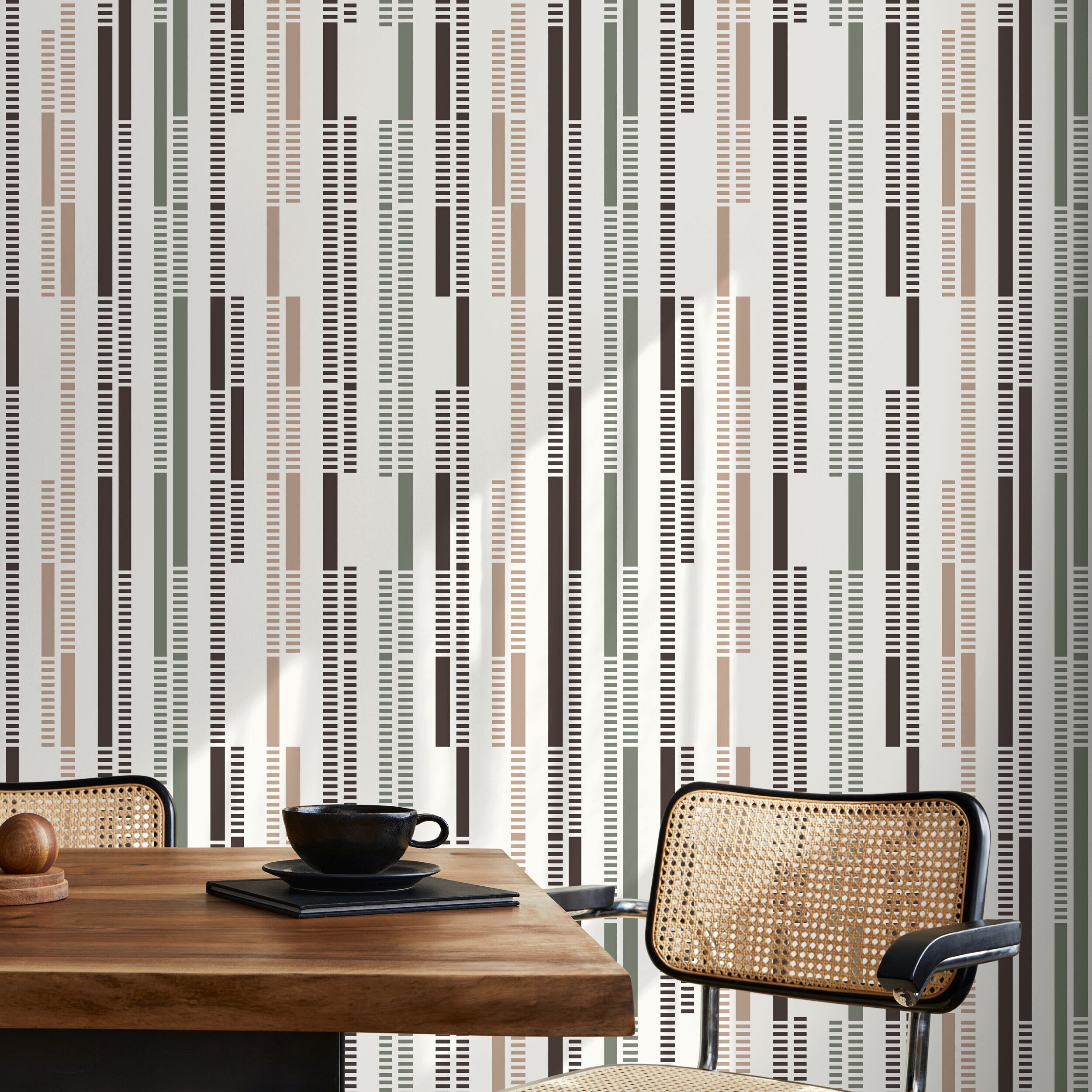 Geometric Wallpaper With Dashed Vertical Stripes In Brown, Green, And Taupe - D742