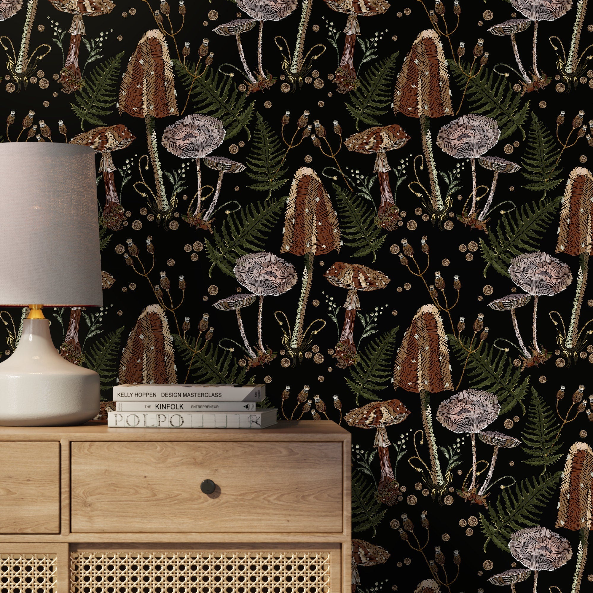 Mushroom Wallpaper With An Embroidered Fern Motif In Brown, Green, And Black - D815