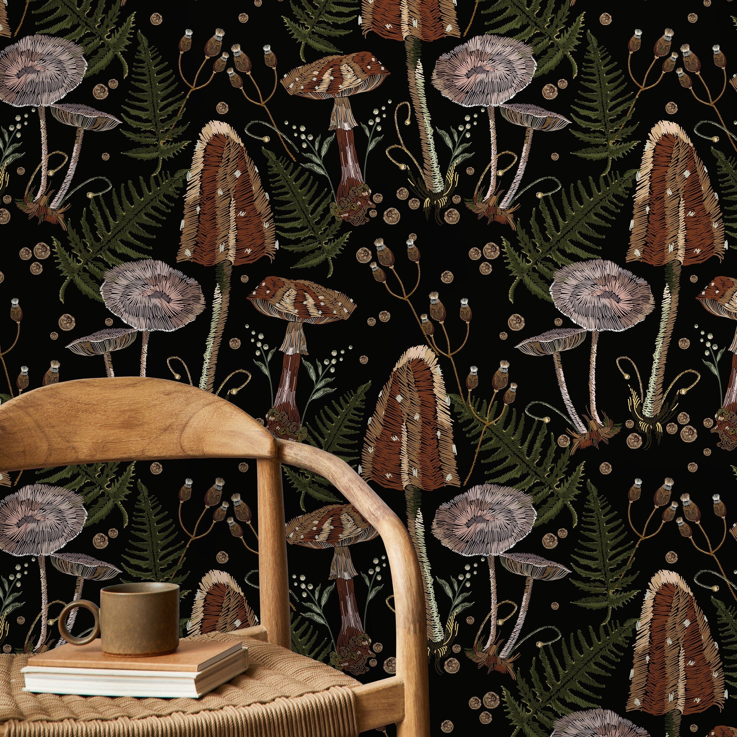 Mushroom Wallpaper With An Embroidered Fern Motif In Brown, Green, And Black - D815