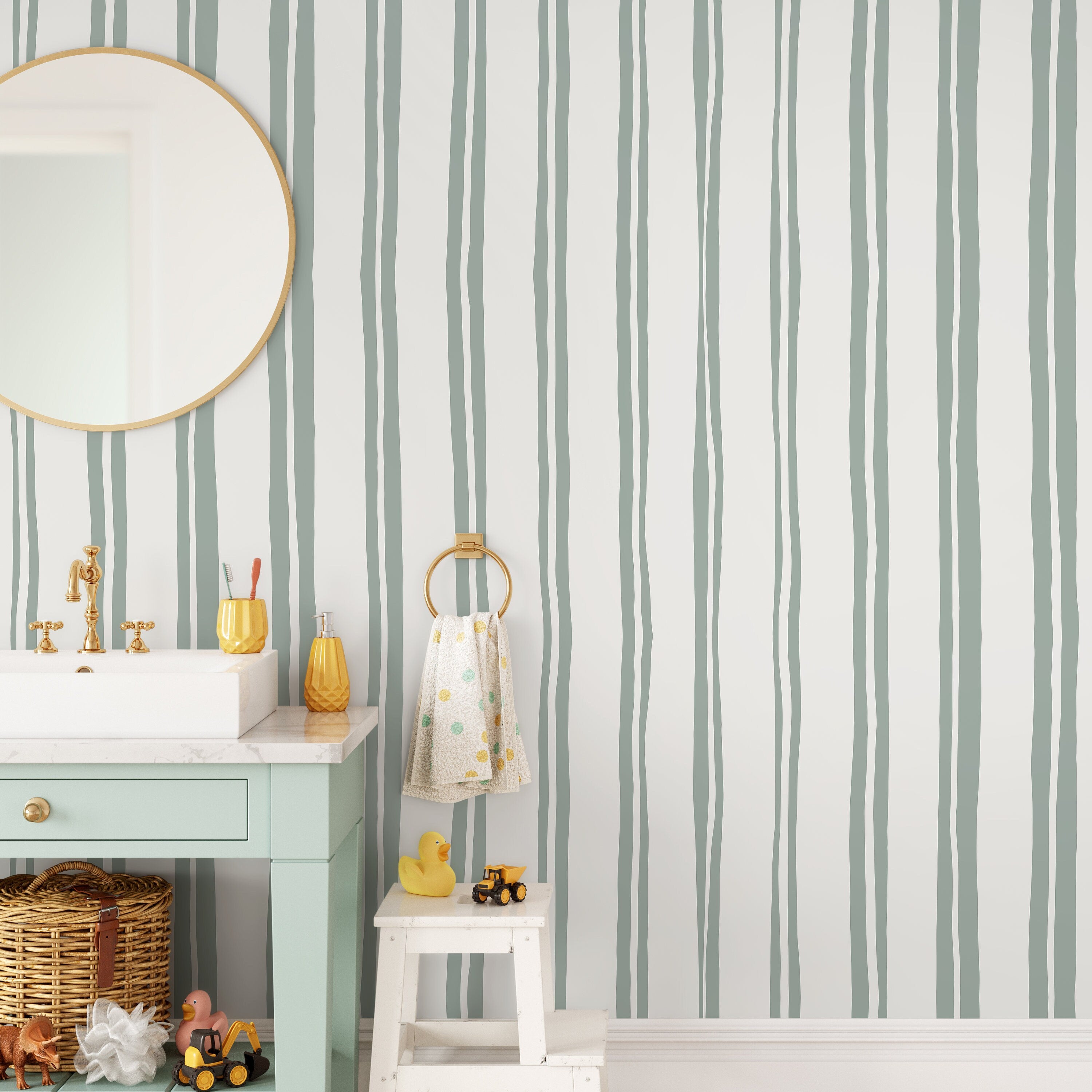 Striped Wallpaper With Wavy Lines In Light Green And Light Gray - D764