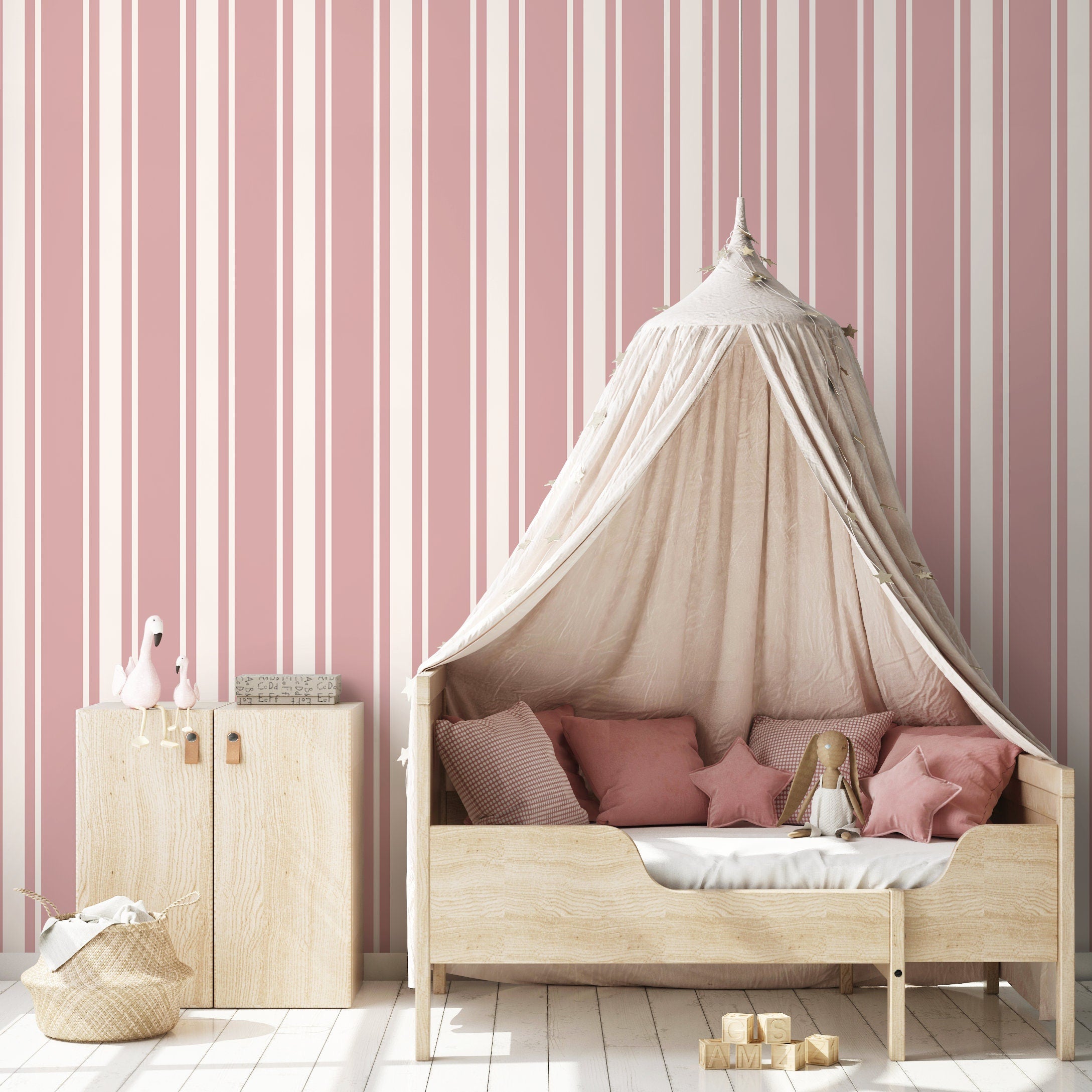 Striped Wallpaper With A Classic Varied Stripe Motif In Pink And Cream - D759