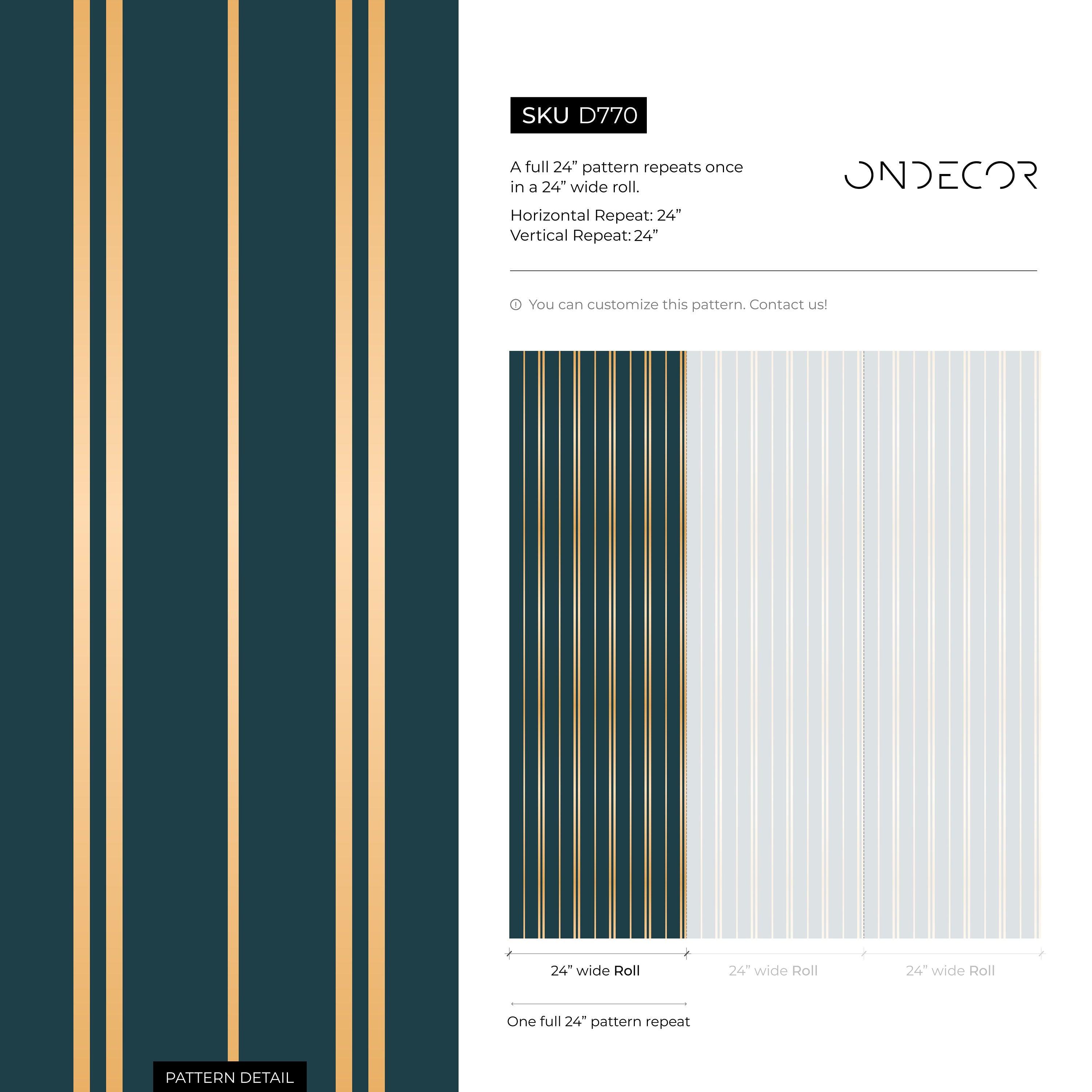 Art Deco Wallpaper With An Elegant Striped Motif In Green And Gold - D770