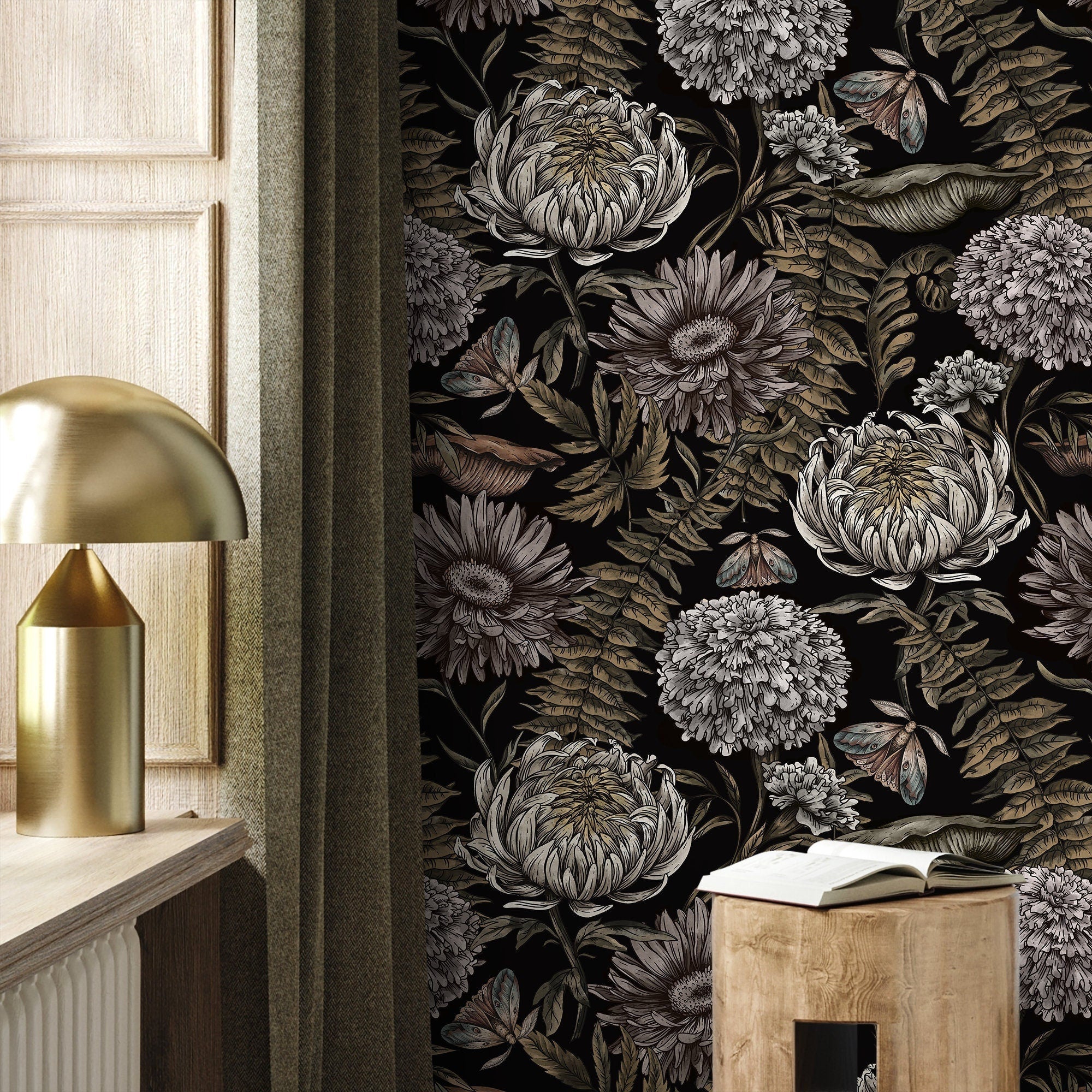 Floral Wallpaper With Vintage Peonies And Moths In Black, Beige, And Muted Green - D823