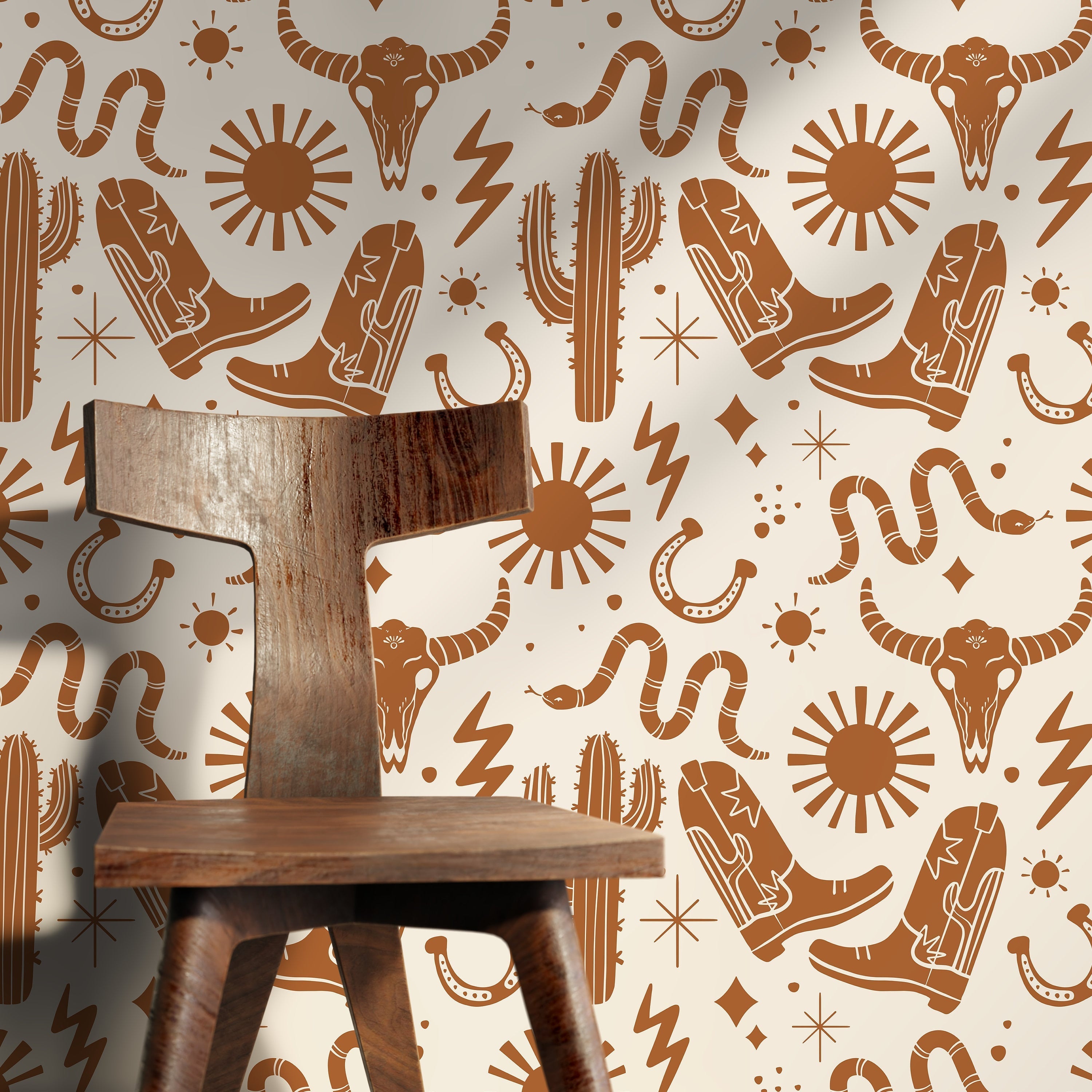 Western Wallpaper With Cowboy And Desert Motifs In Brown - D825