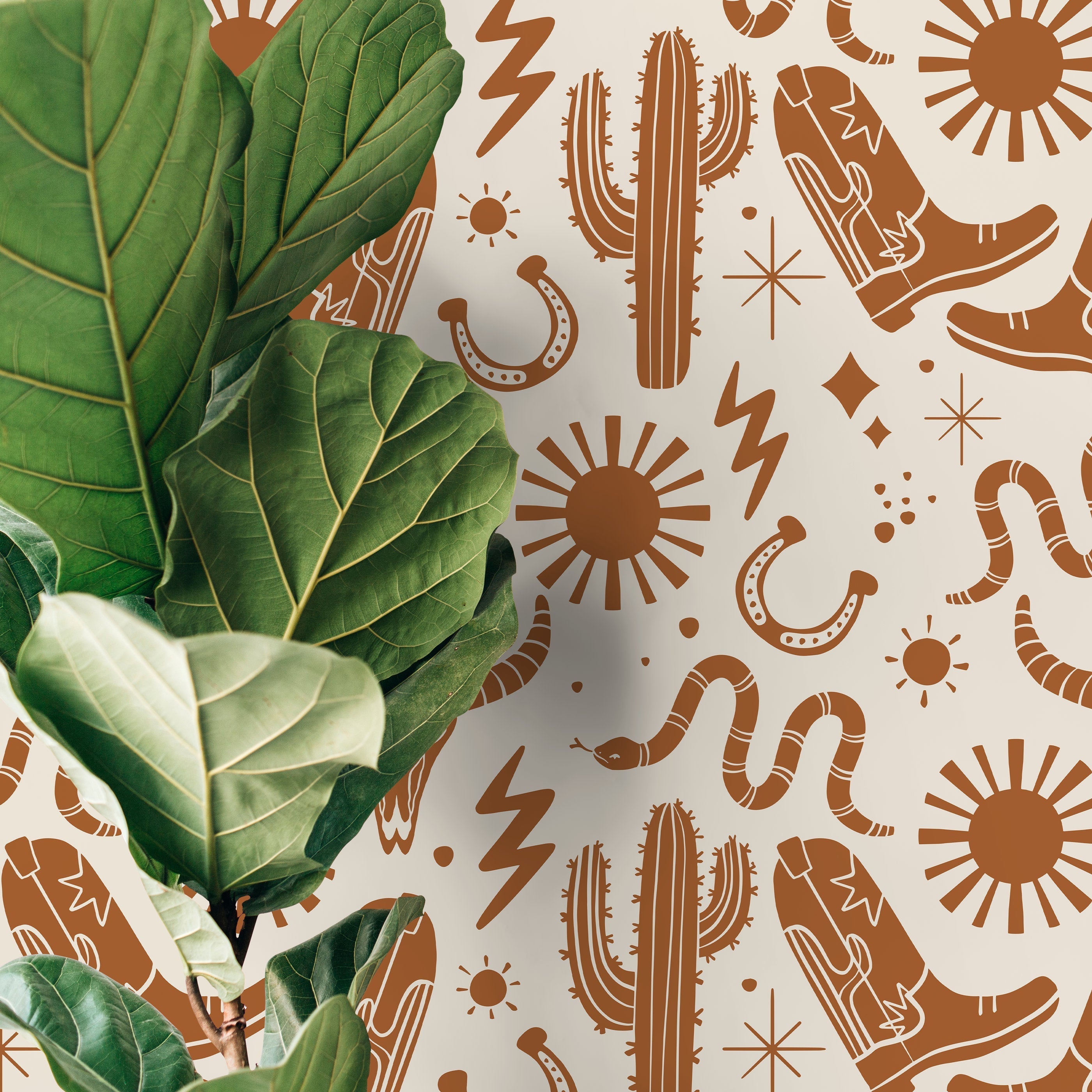 Western Wallpaper With Cowboy And Desert Motifs In Brown - D825
