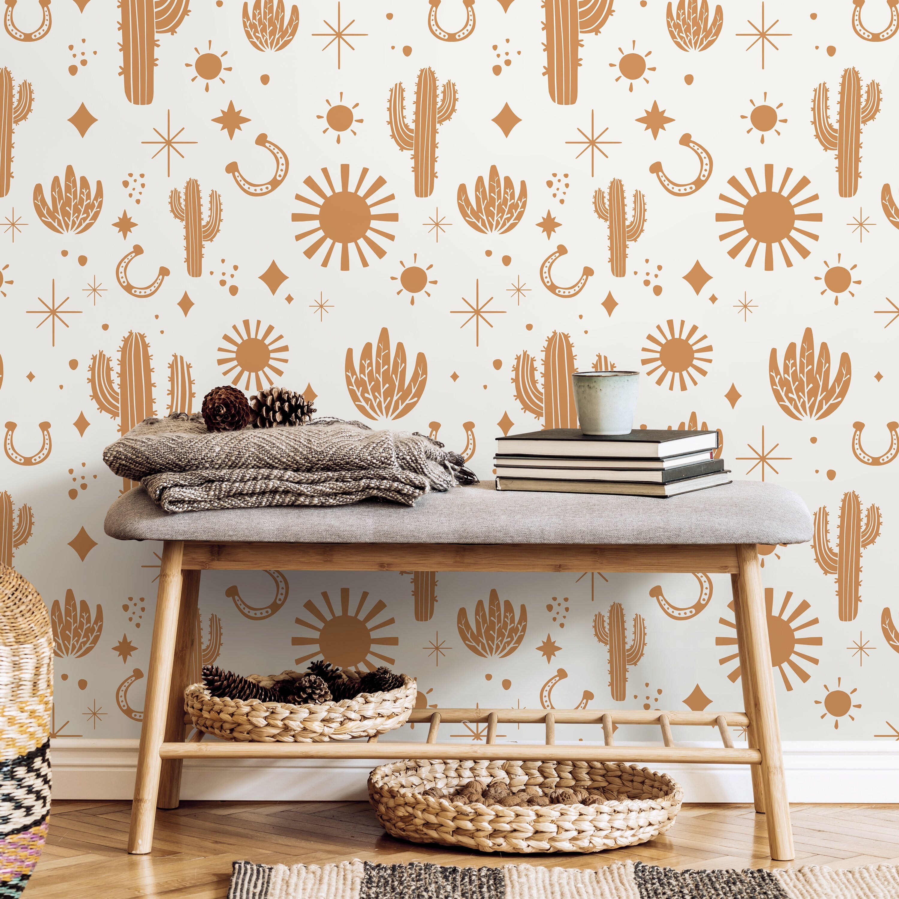 Western Wallpaper With Cacti And Sun Motifs In Orange - D827