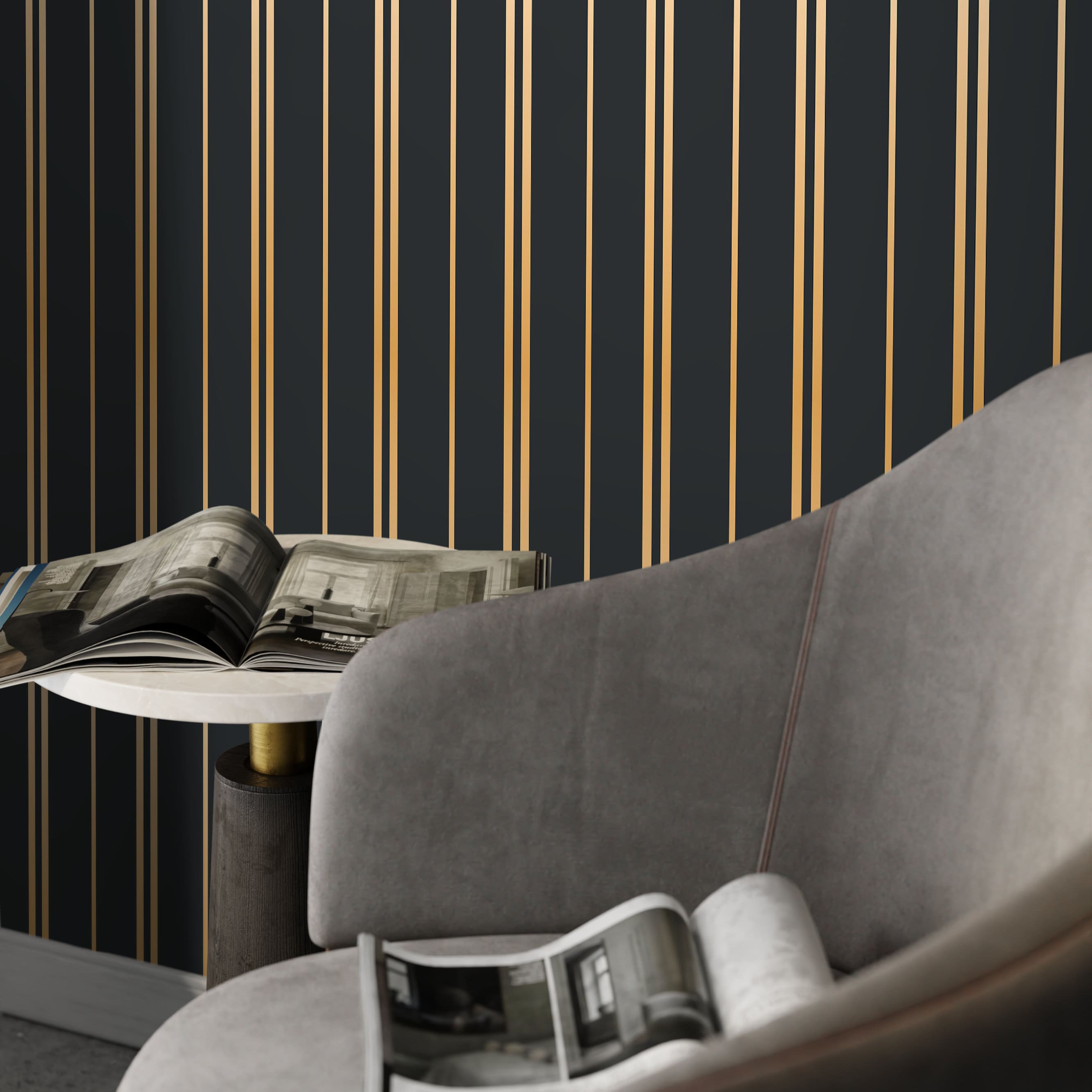 Art Deco Wallpaper With A Metallic Pinstripe Motif In Gold And Black - D771