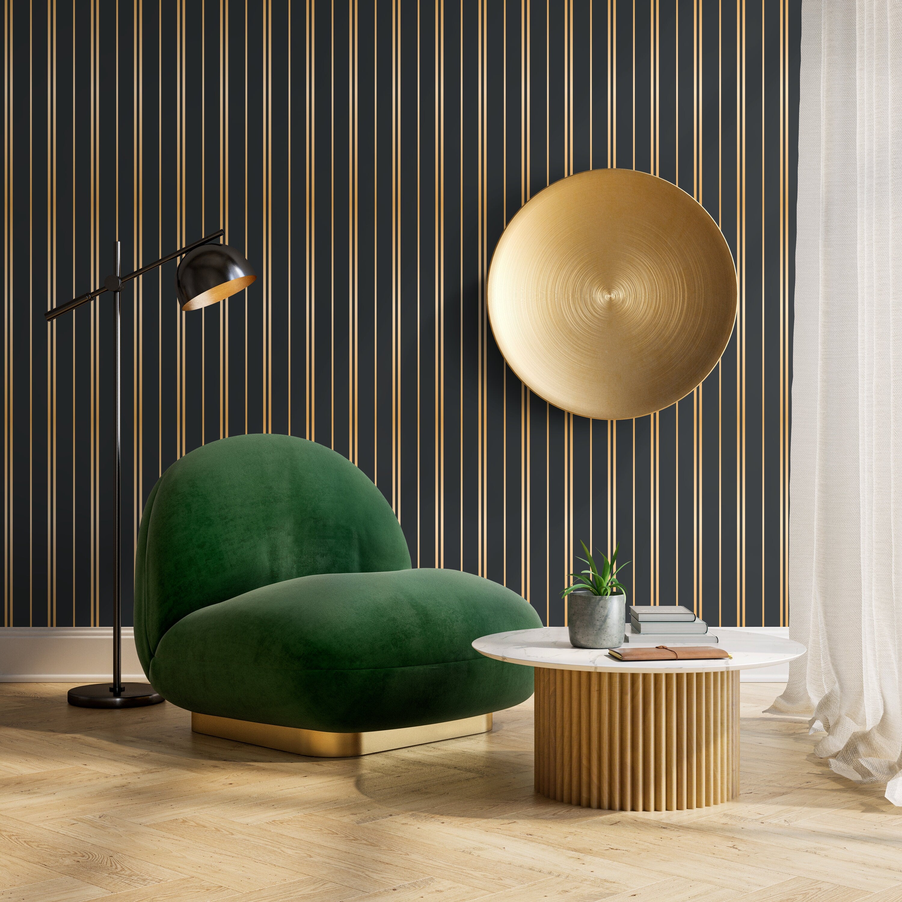 Art Deco Wallpaper With A Metallic Pinstripe Motif In Gold And Black - D771