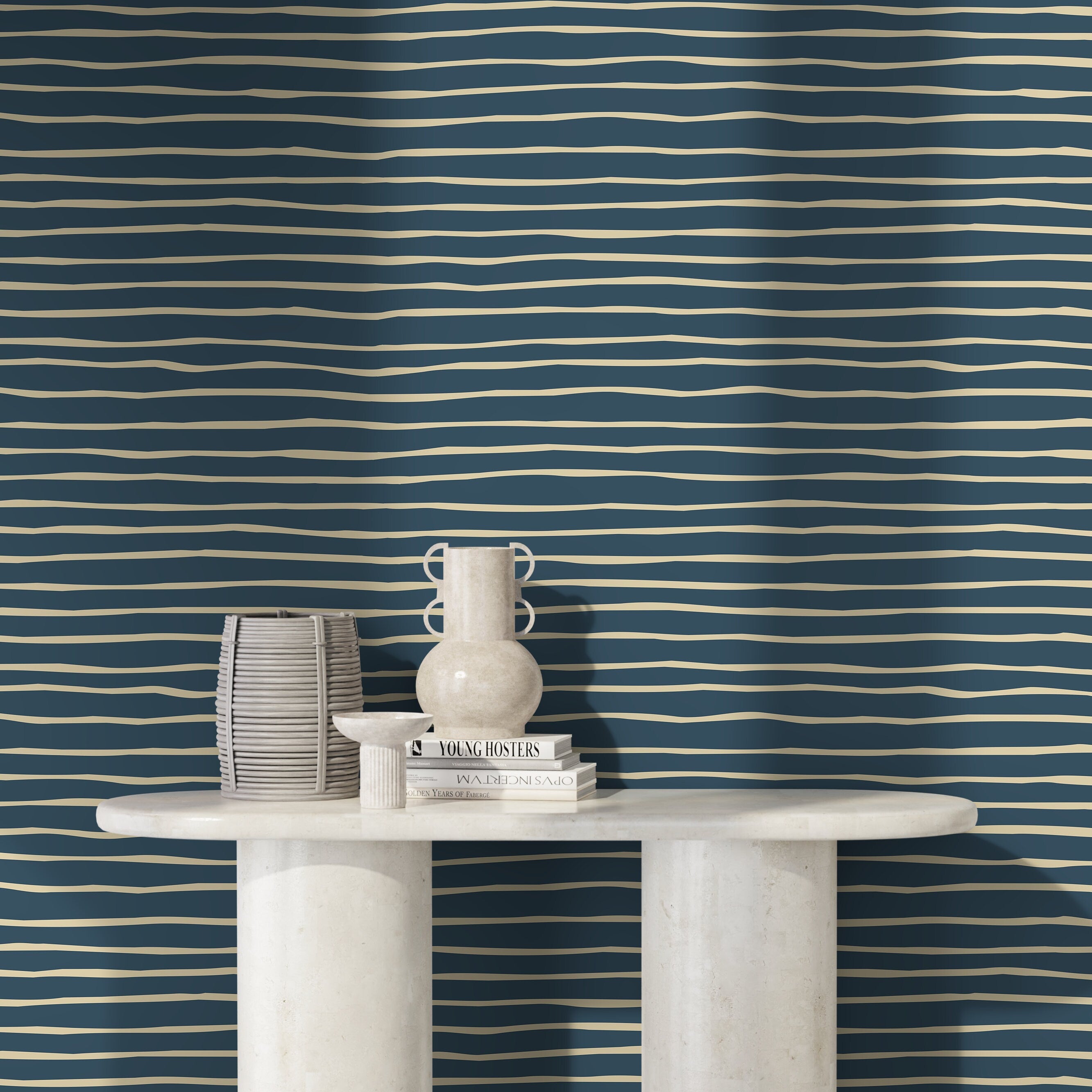 Striped Wallpaper With Wavy Hand-drawn Lines In Blue And Cream - D776
