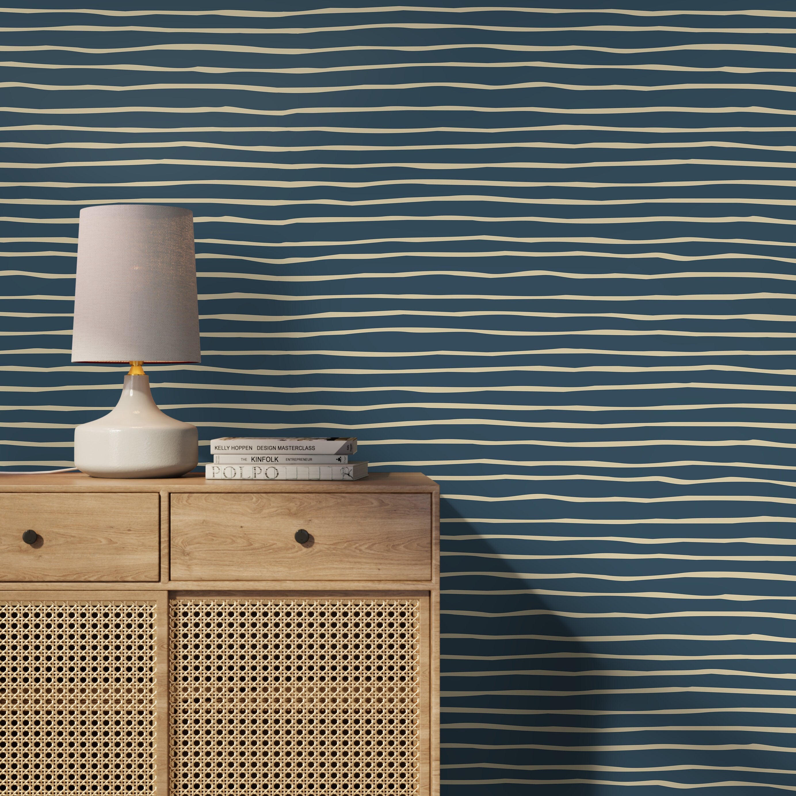 Striped Wallpaper With Wavy Hand-drawn Lines In Blue And Cream - D776