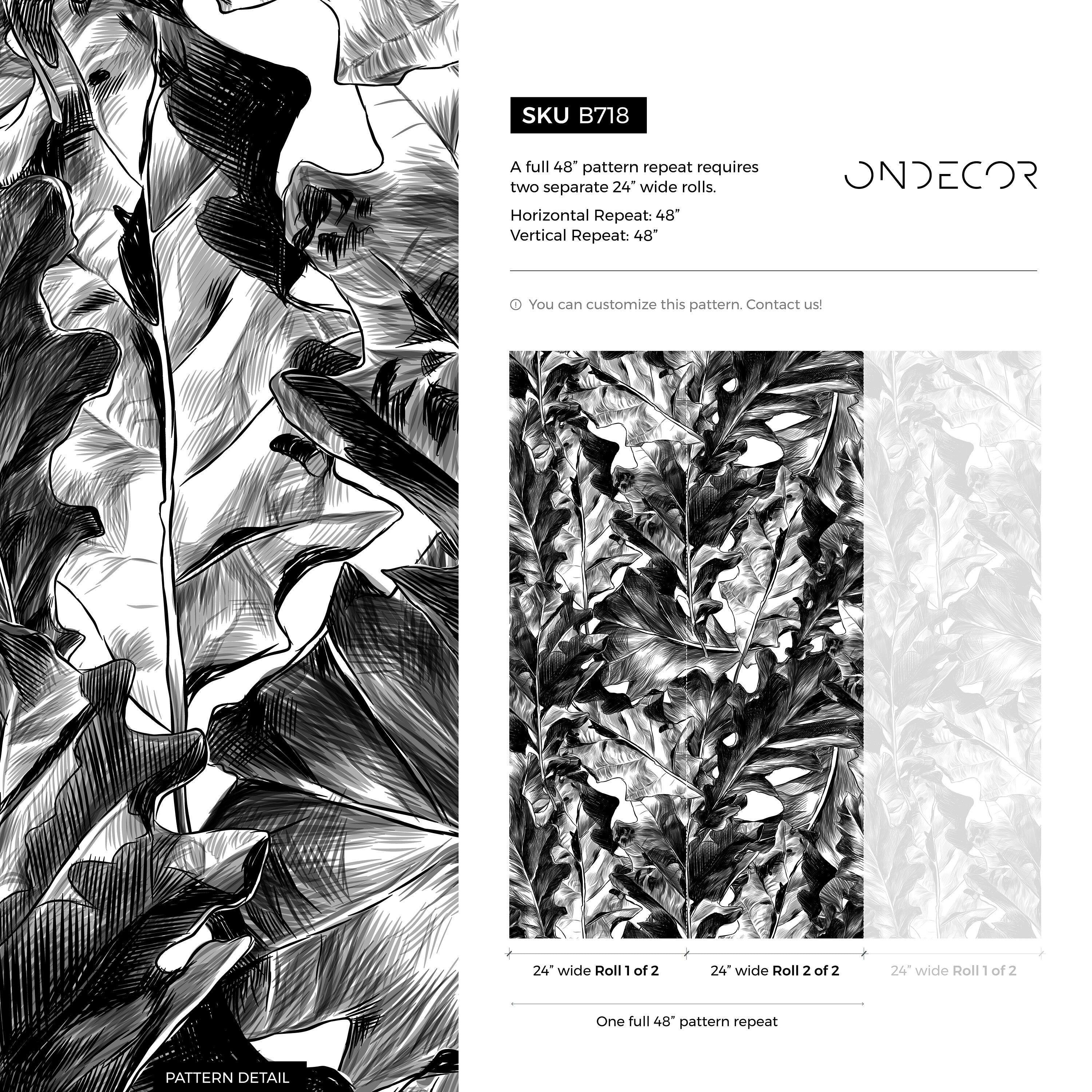 Botanical Wallpaper With Hand-drawn Tropical Leaves In Black And White - B718