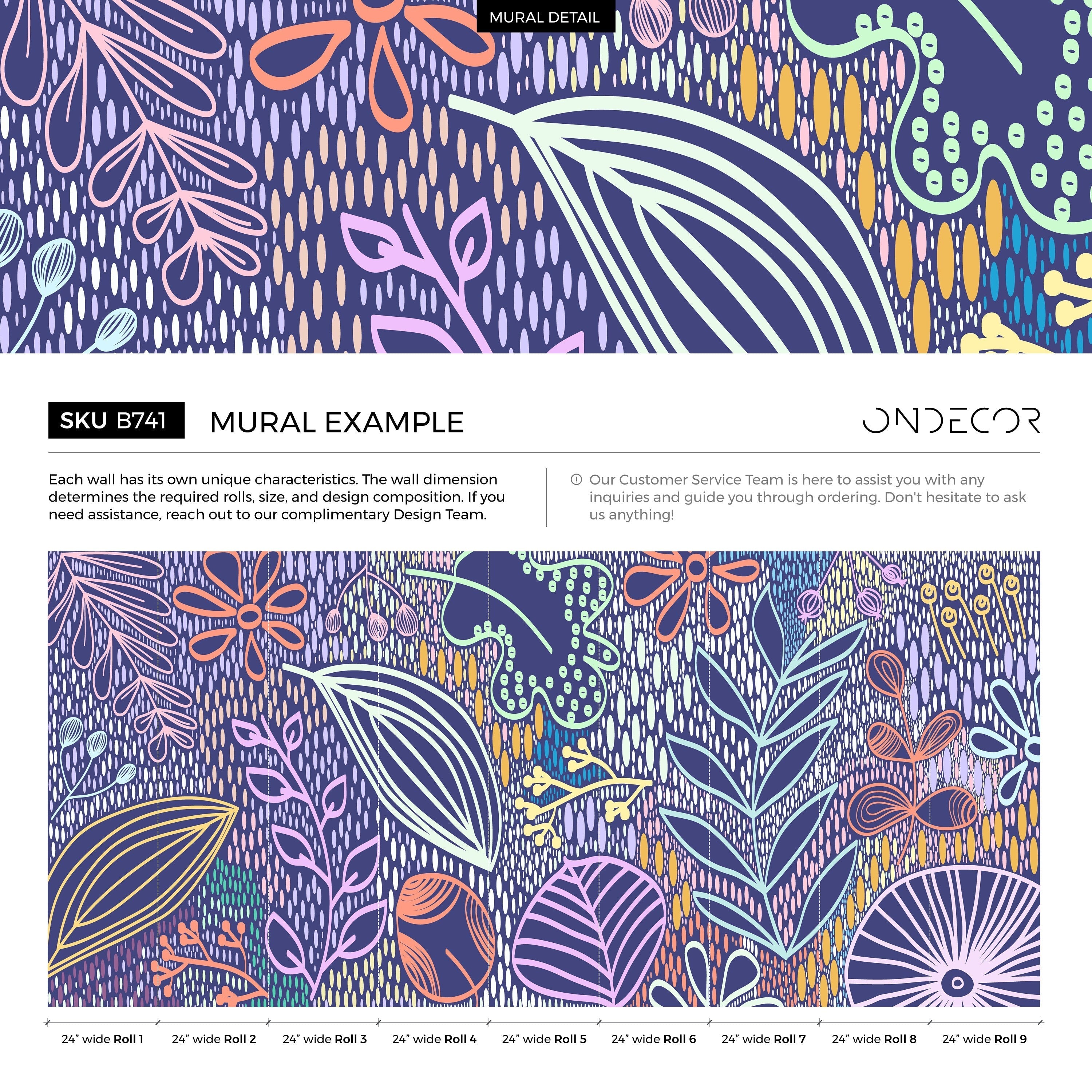 Abstract Wallpaper With Whimsical Foliage In Navy Blue, Orange, And Green - B741