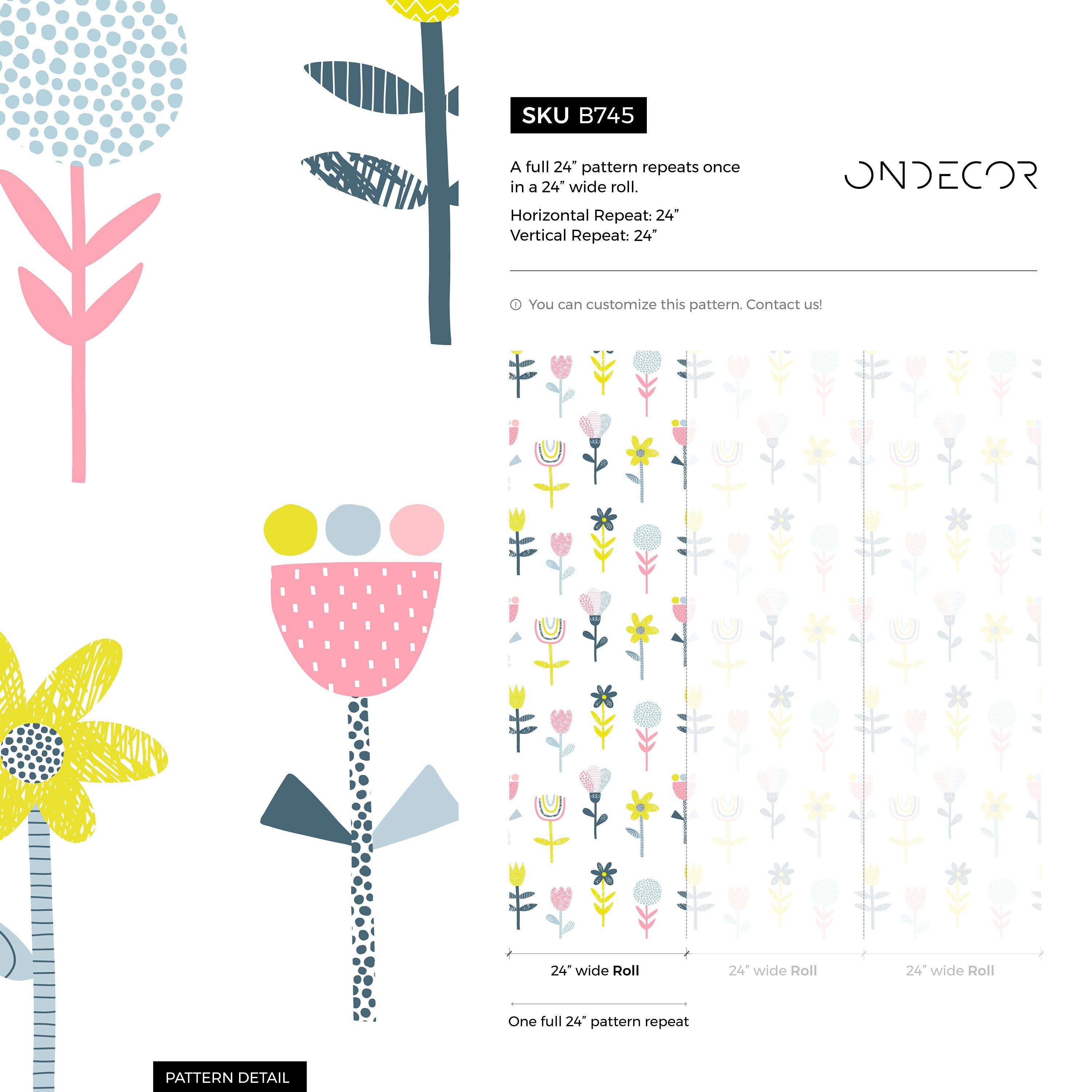 Floral Wallpaper With Scandinavian Folk Art Flowers In Pink, Yellow, And Blue - B745