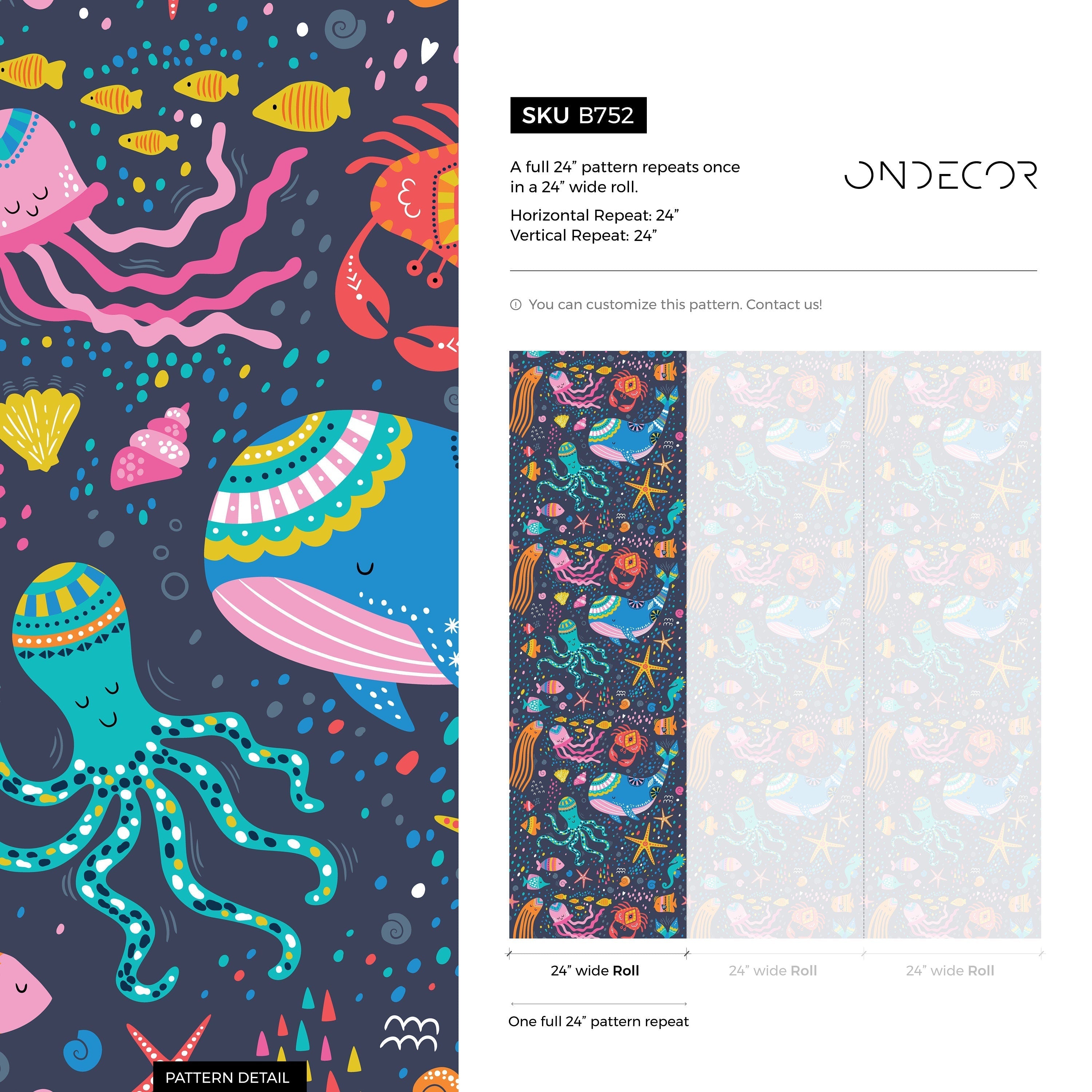 Sea Life Wallpaper Featuring Folk Art Sea Creatures In Blue, Pink, And Yellow - B752