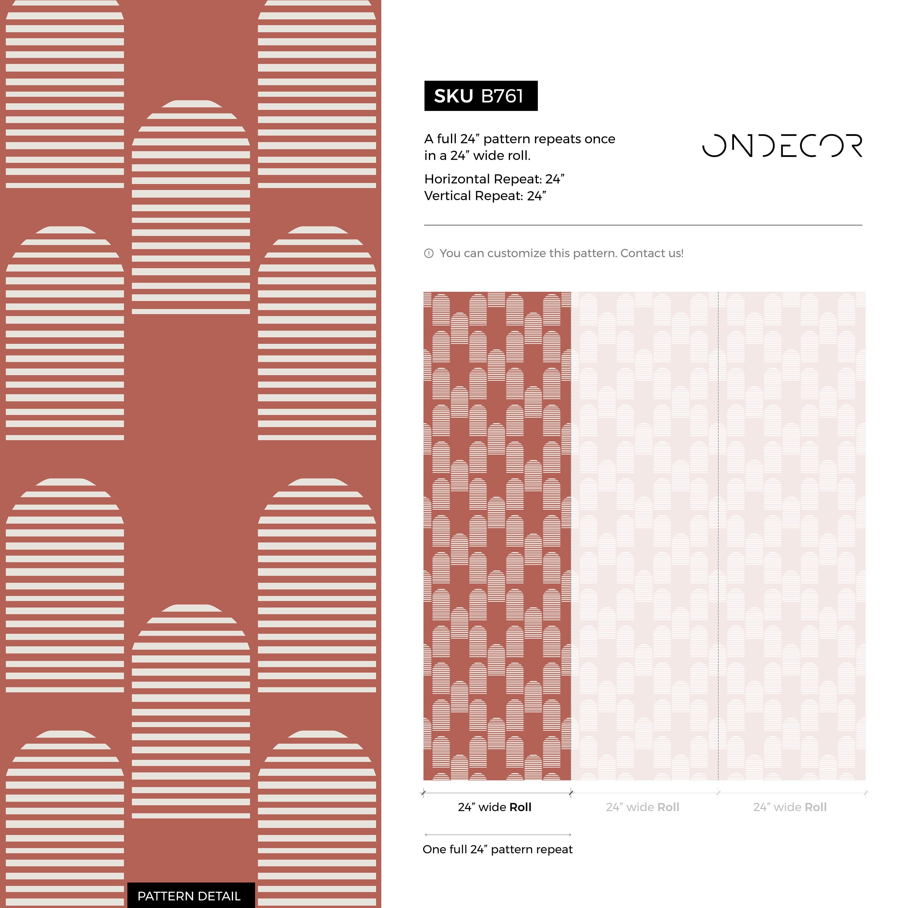 Geometric Wallpaper With A Striped Arch Motif In Terracotta And White - B761