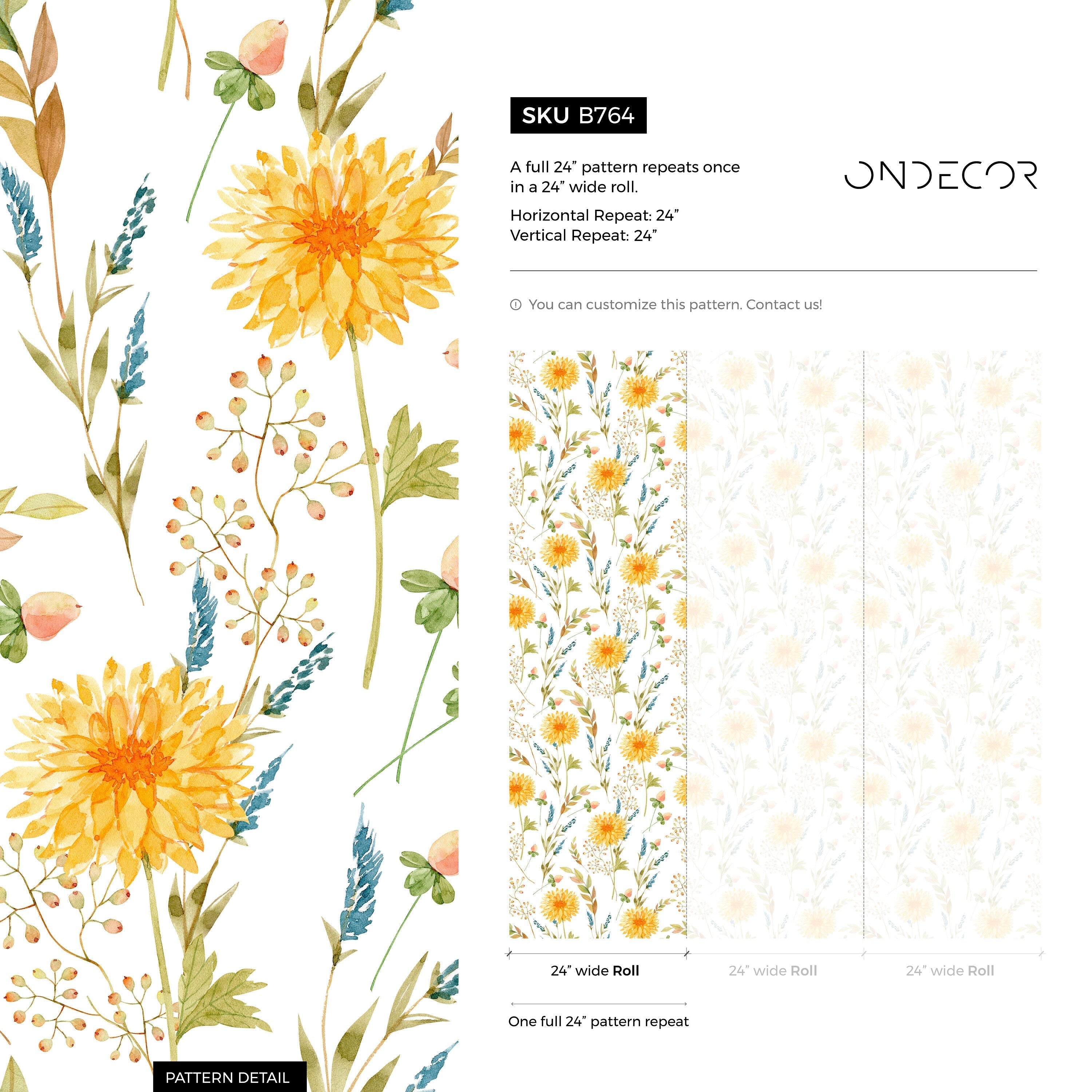 Floral Wallpaper With Watercolor Chrysanthemums In Yellow, Blue, And Green - B764