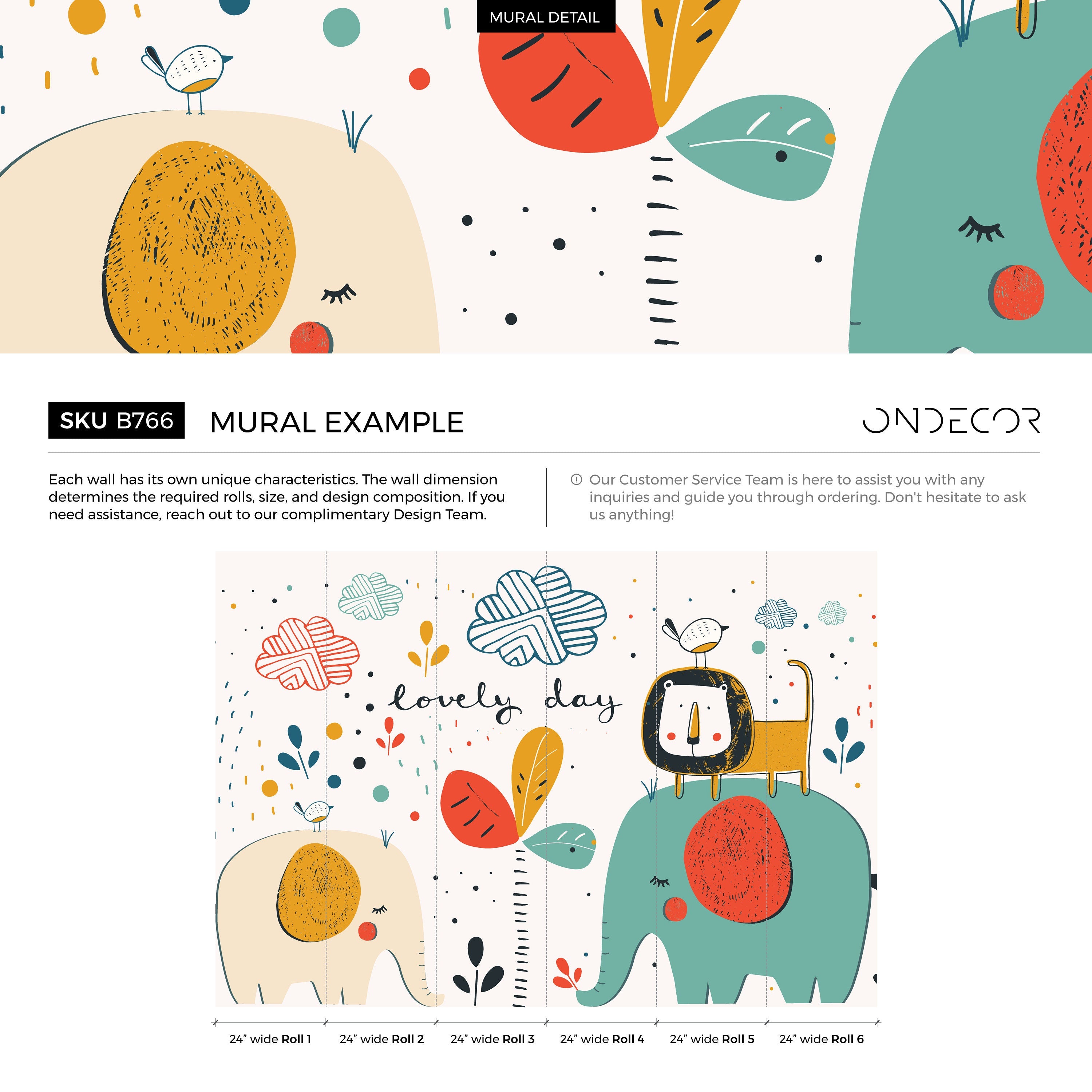 Kids Wallpaper With A Playful Elephant And Growth Chart In Red, Yellow, And Blue - B766