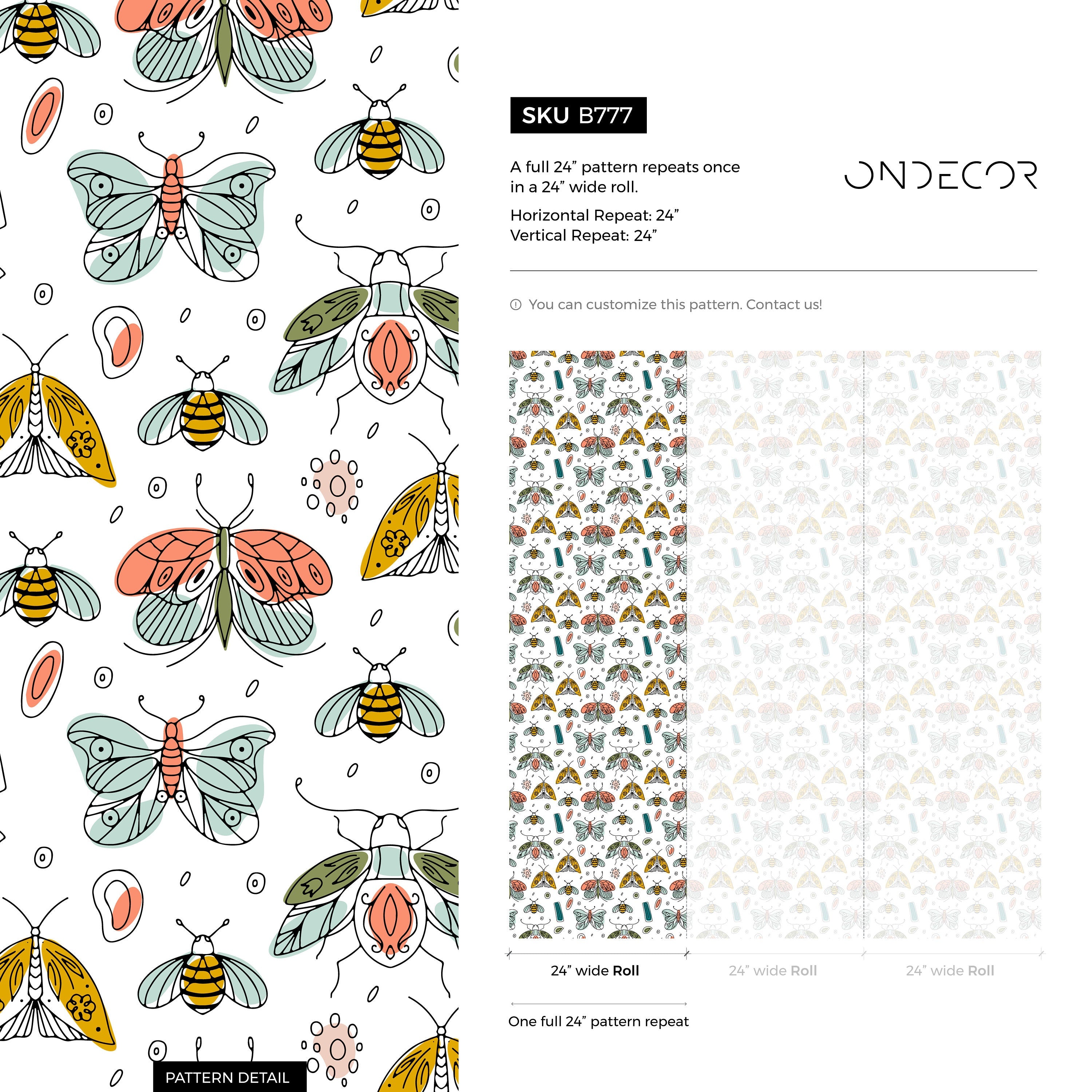 Insect Wallpaper With Hand-drawn Moths In Teal, Yellow, And Pink - B777