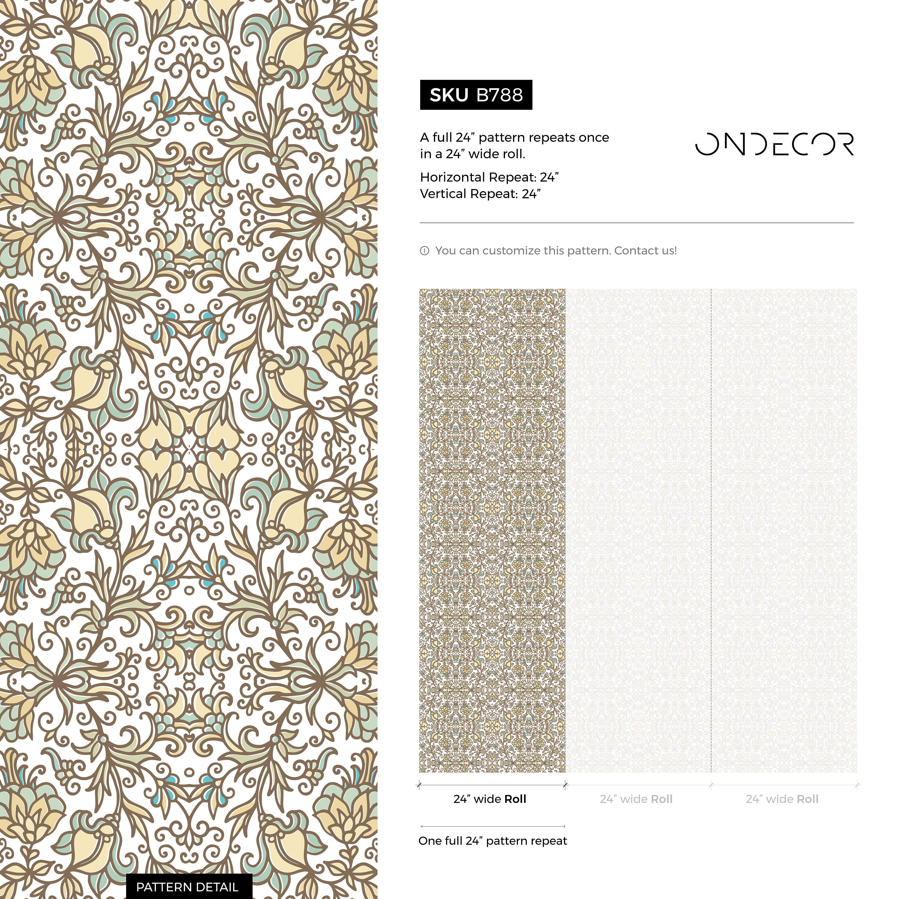 Damask Wallpaper With A Floral Arabesque Motif In Yellow, Green, And Blue - B788