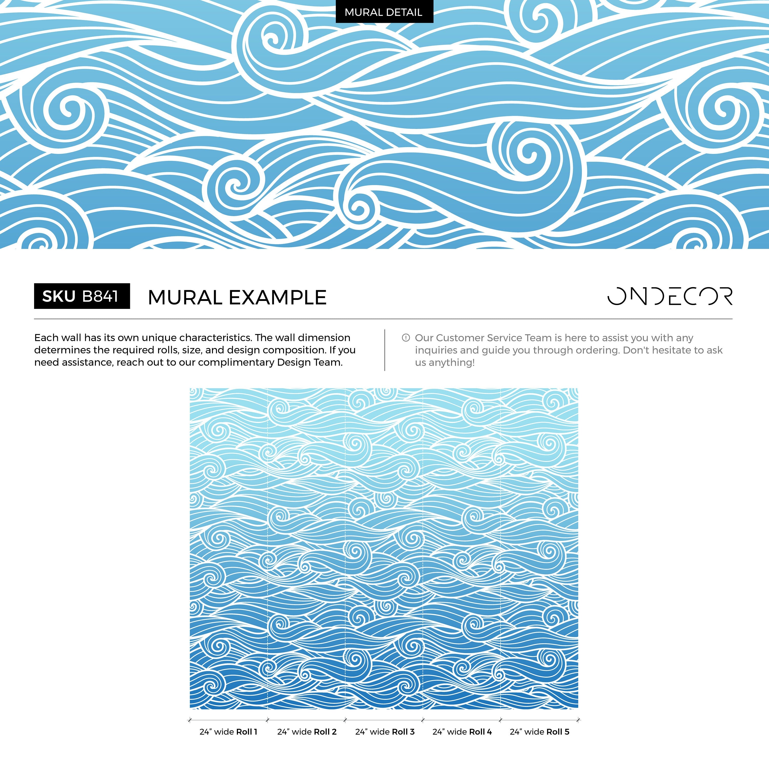Coastal Wallpaper With Stylized Ocean Waves In Blue And White - B841