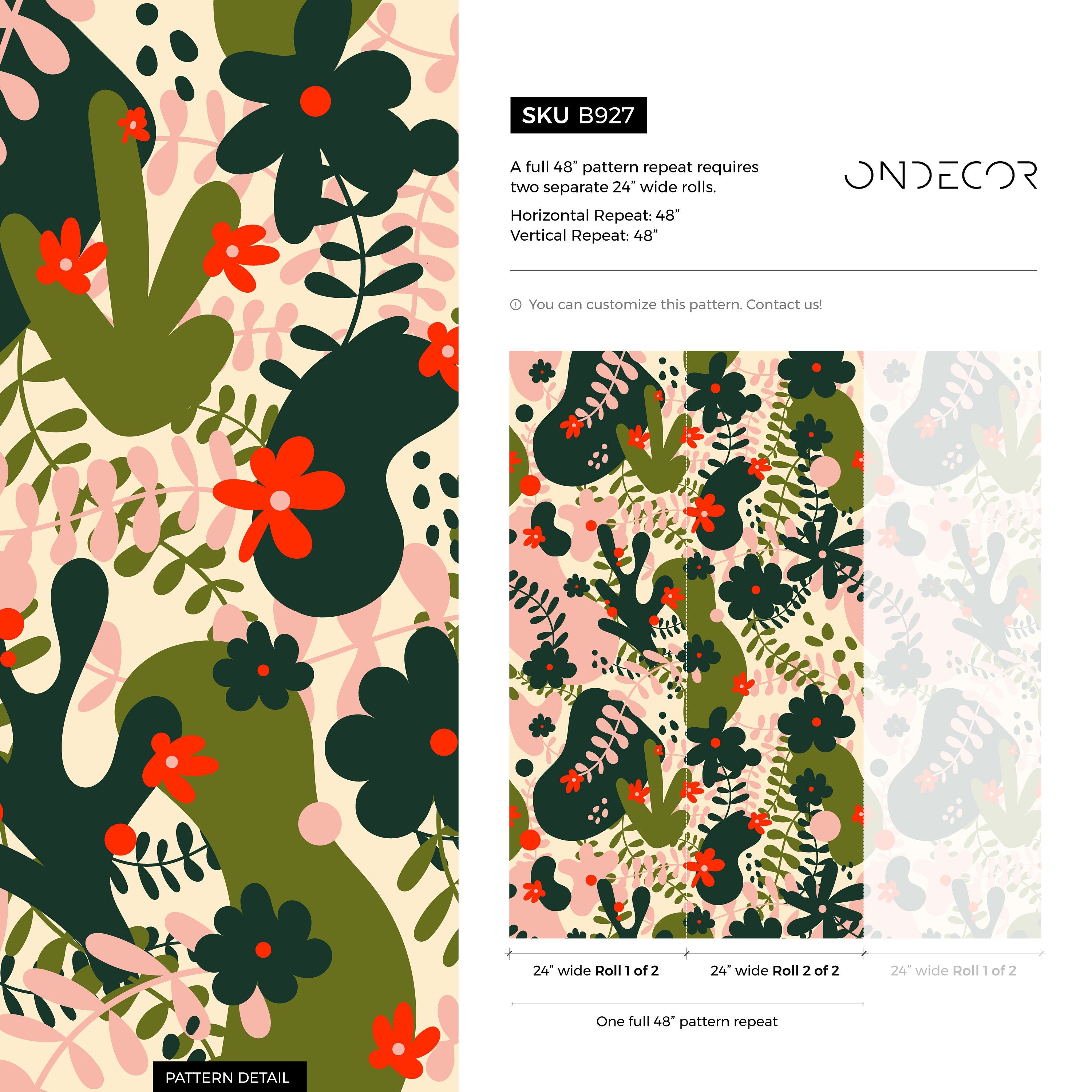 Abstract Floral Wallpaper With Organic Blooms In Green, Pink, And Red - B927