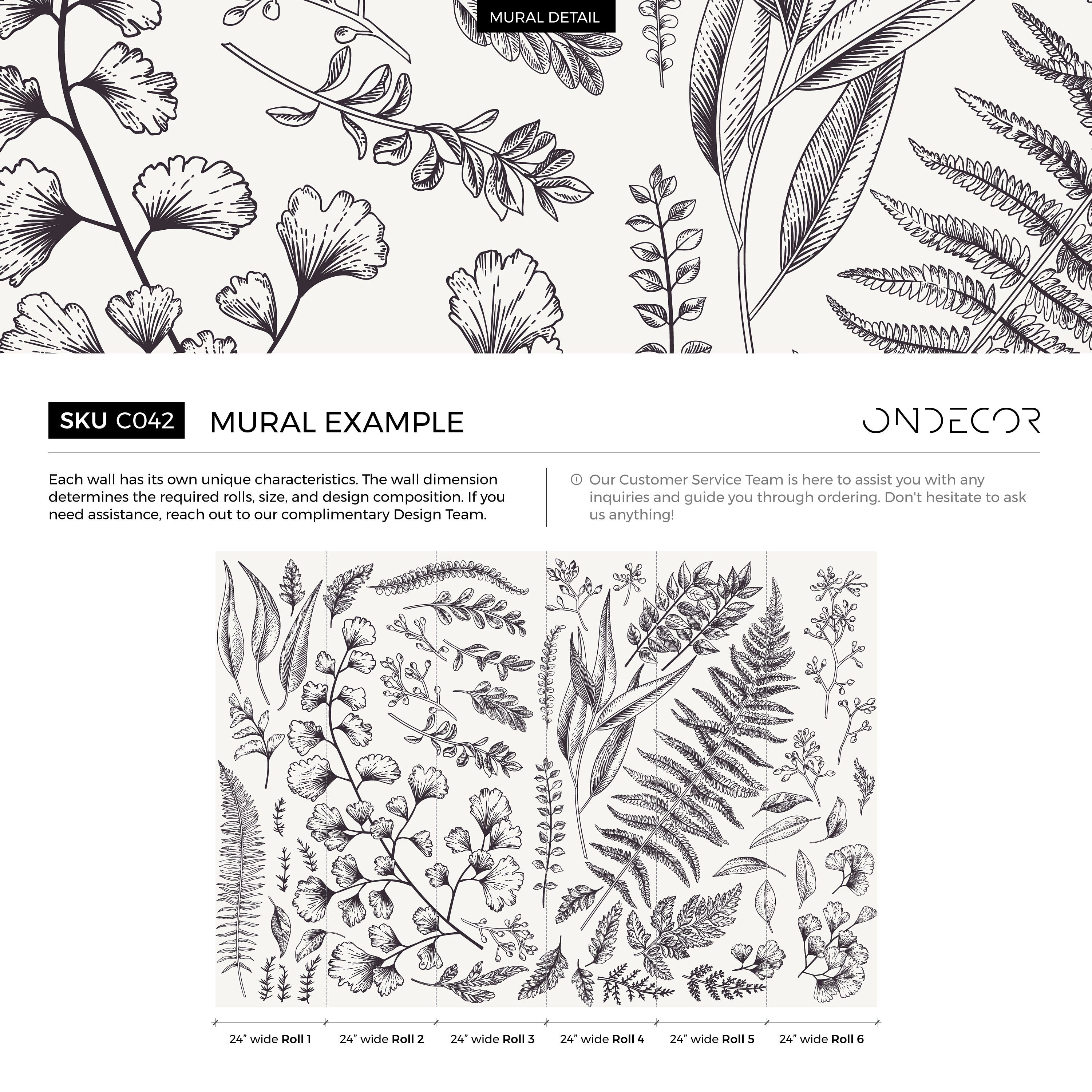 Botanical Wallpaper With Ginkgo And Fern Line Art In Black And White - C042