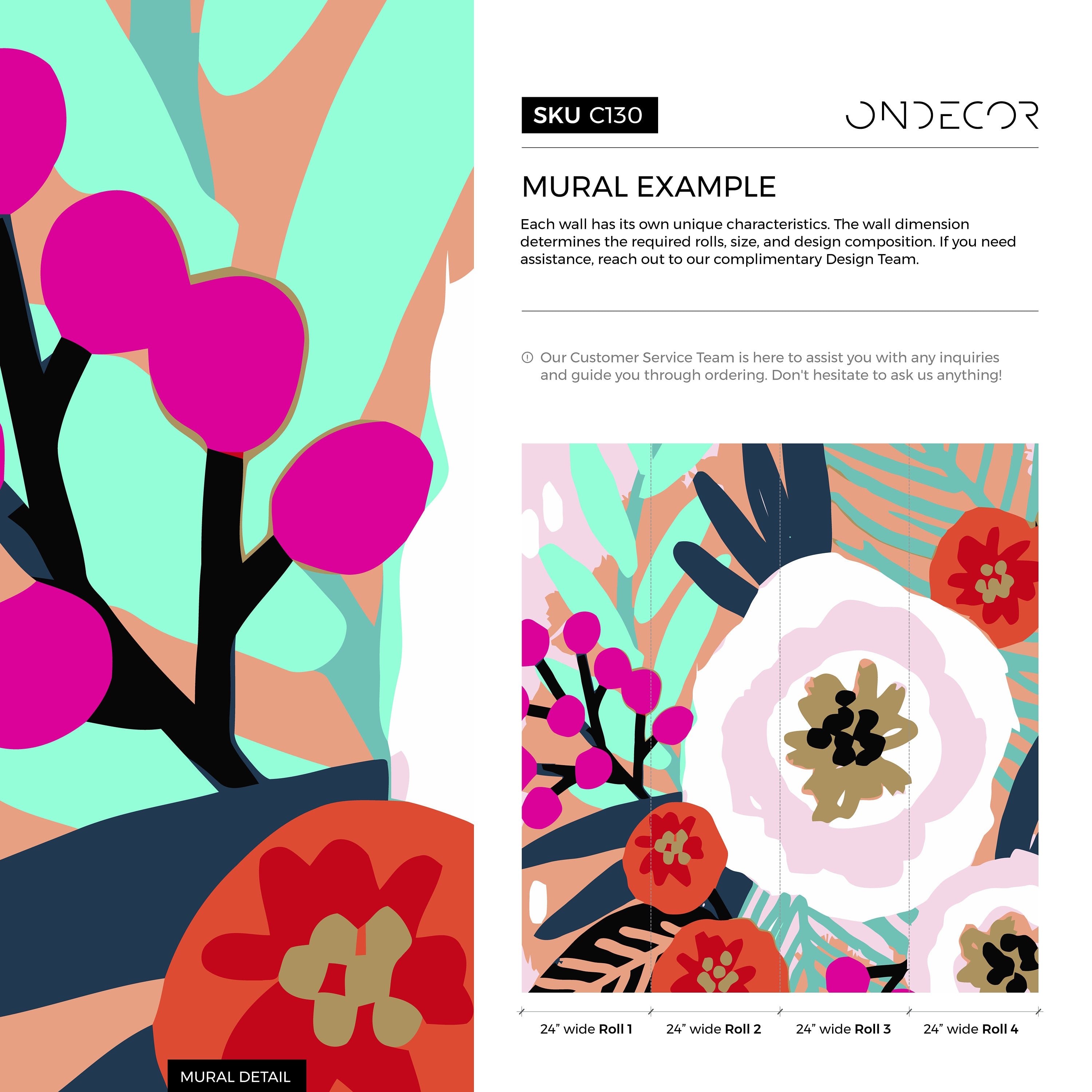 Abstract Floral Wallpaper With A Bold Botanical Motif In Peach, Magenta, And Blue - C130