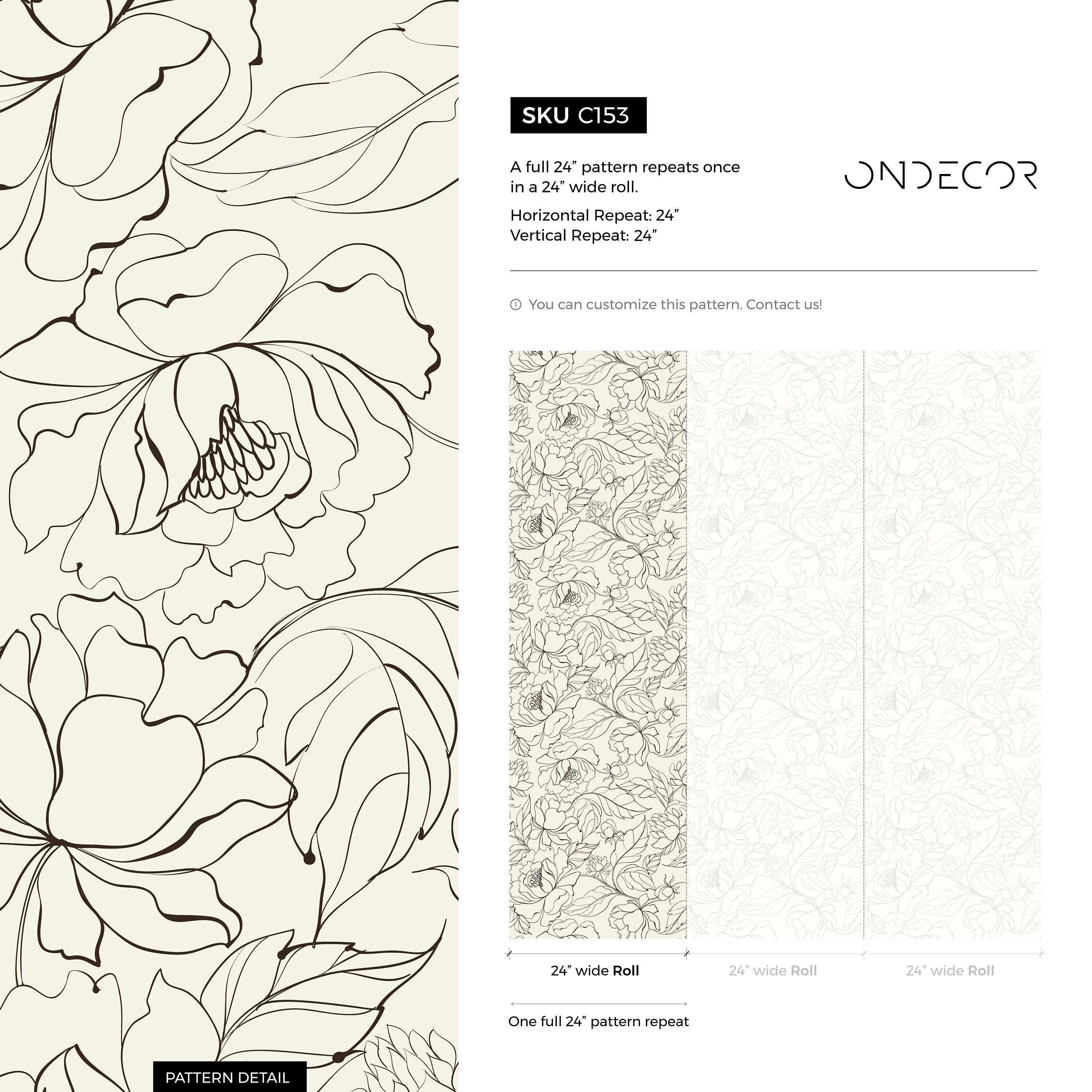 Floral Wallpaper With Elegant Peony Line Art In Black And Beige - C153