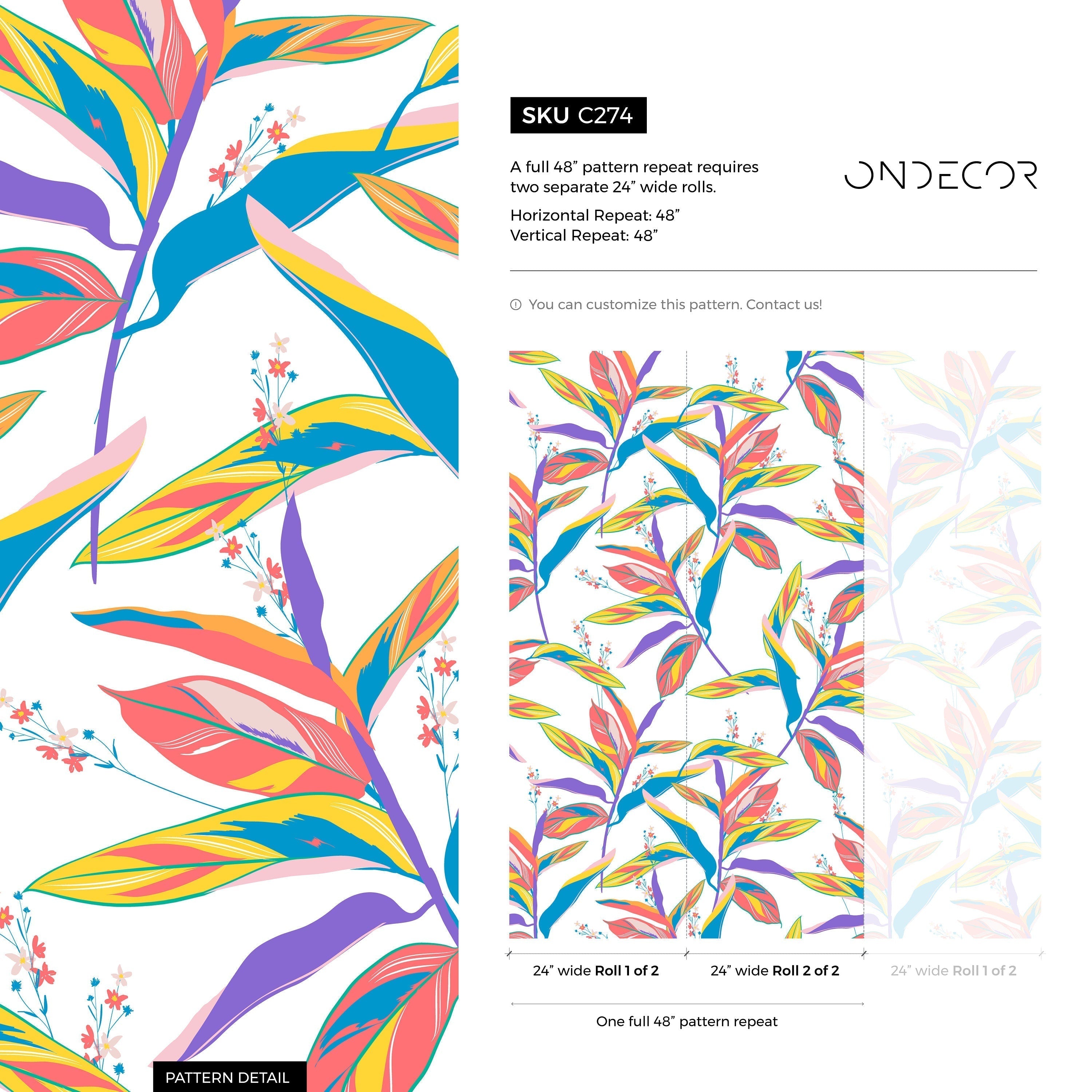Botanical Wallpaper With Colorful Foliage In Blue, Yellow, And Pink - C274