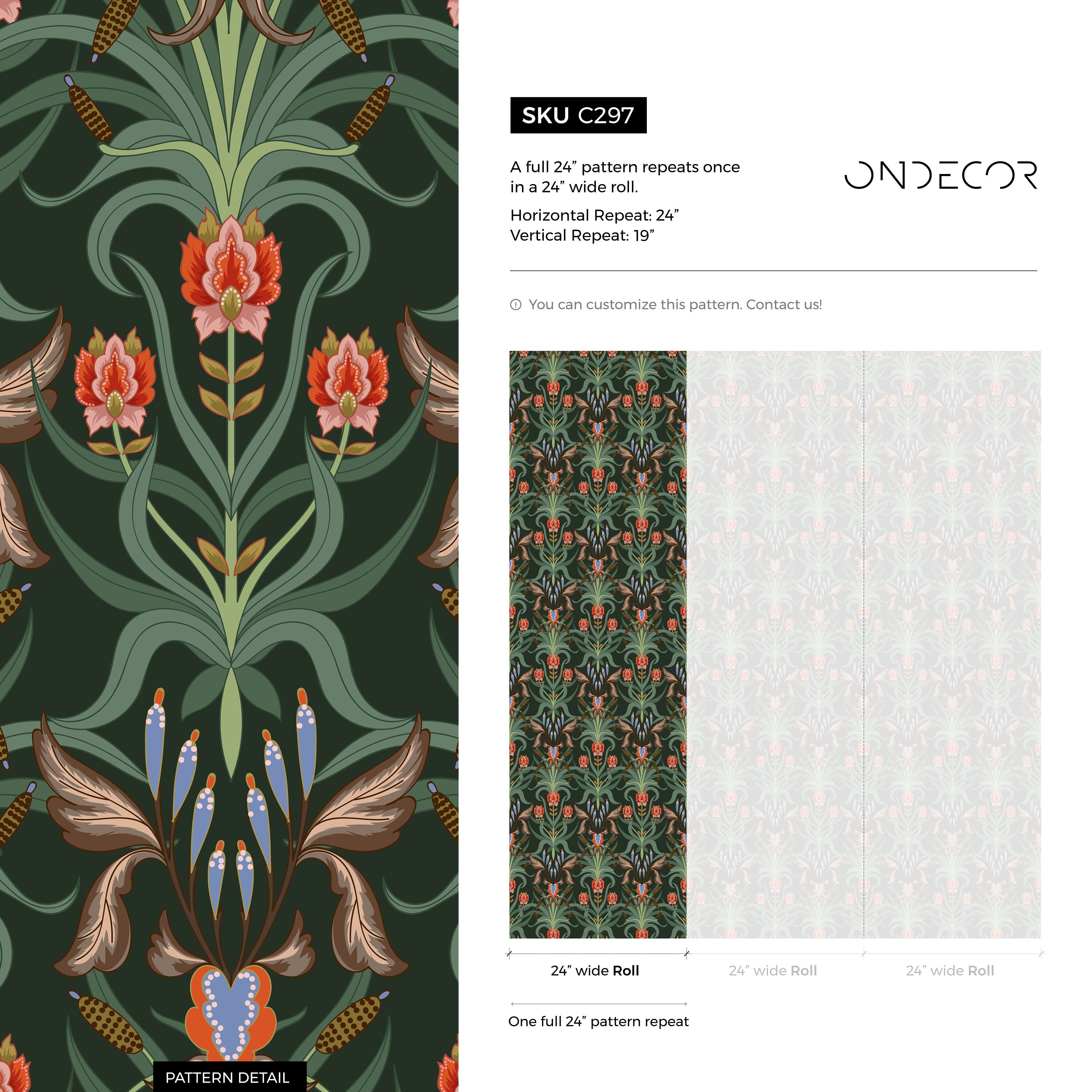 Art Nouveau Wallpaper With A Stylized Floral Damask In Green, Red, And Blue - C297
