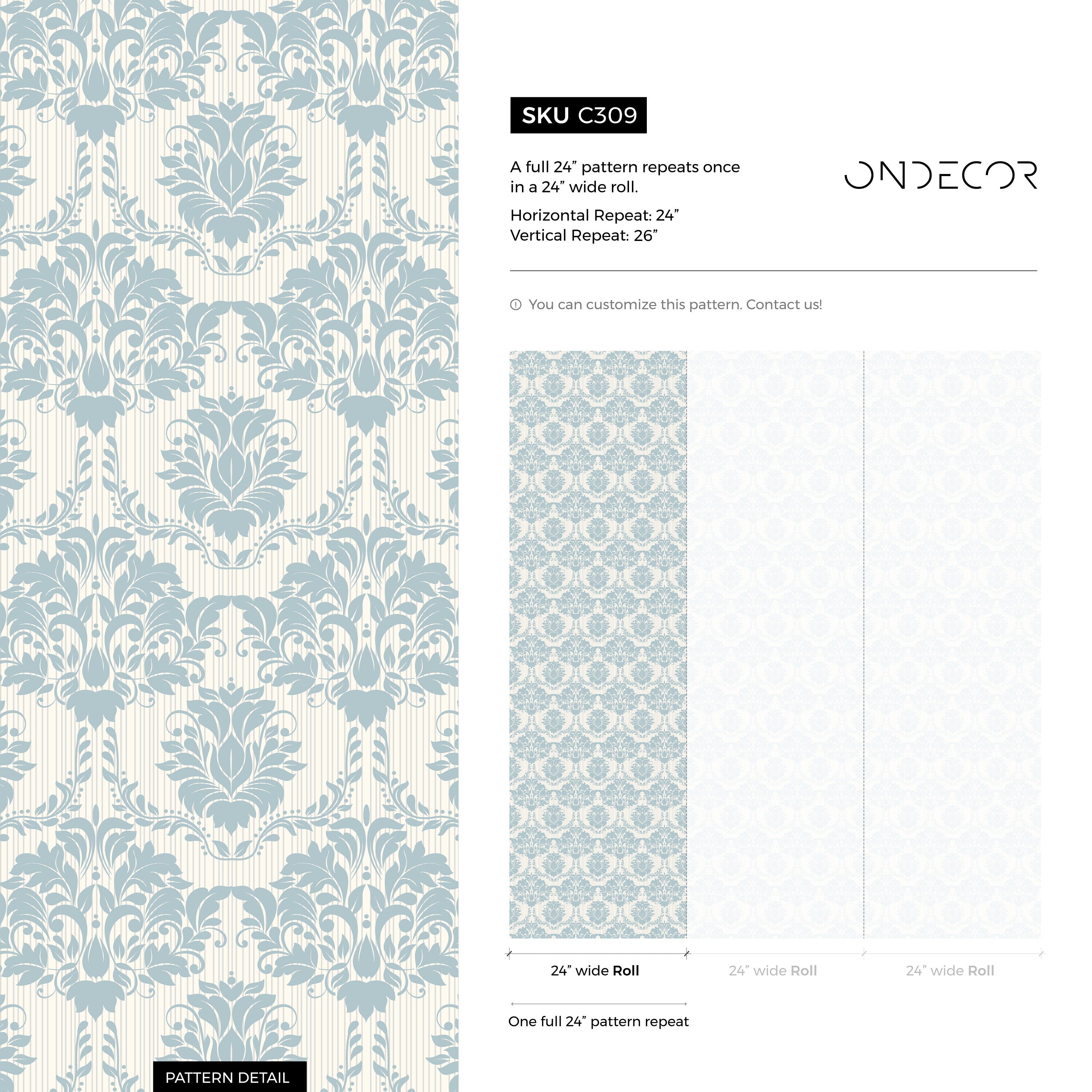 Damask Wallpaper Featuring A Classic Ornate Motif In Blue And Cream - C309