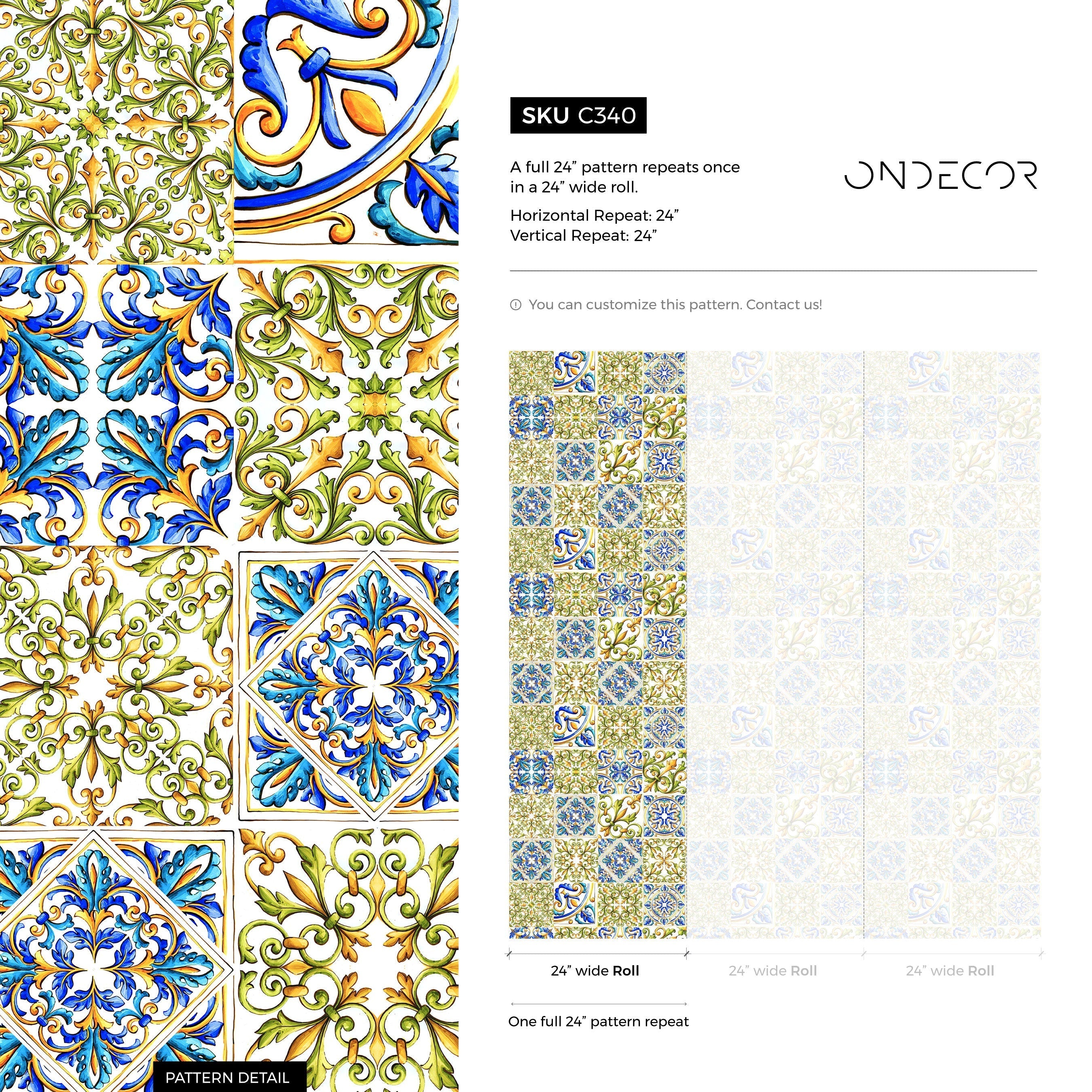 Tile Wallpaper With A Mediterranean Arabesque Motif In Blue, Green, And Yellow - C340