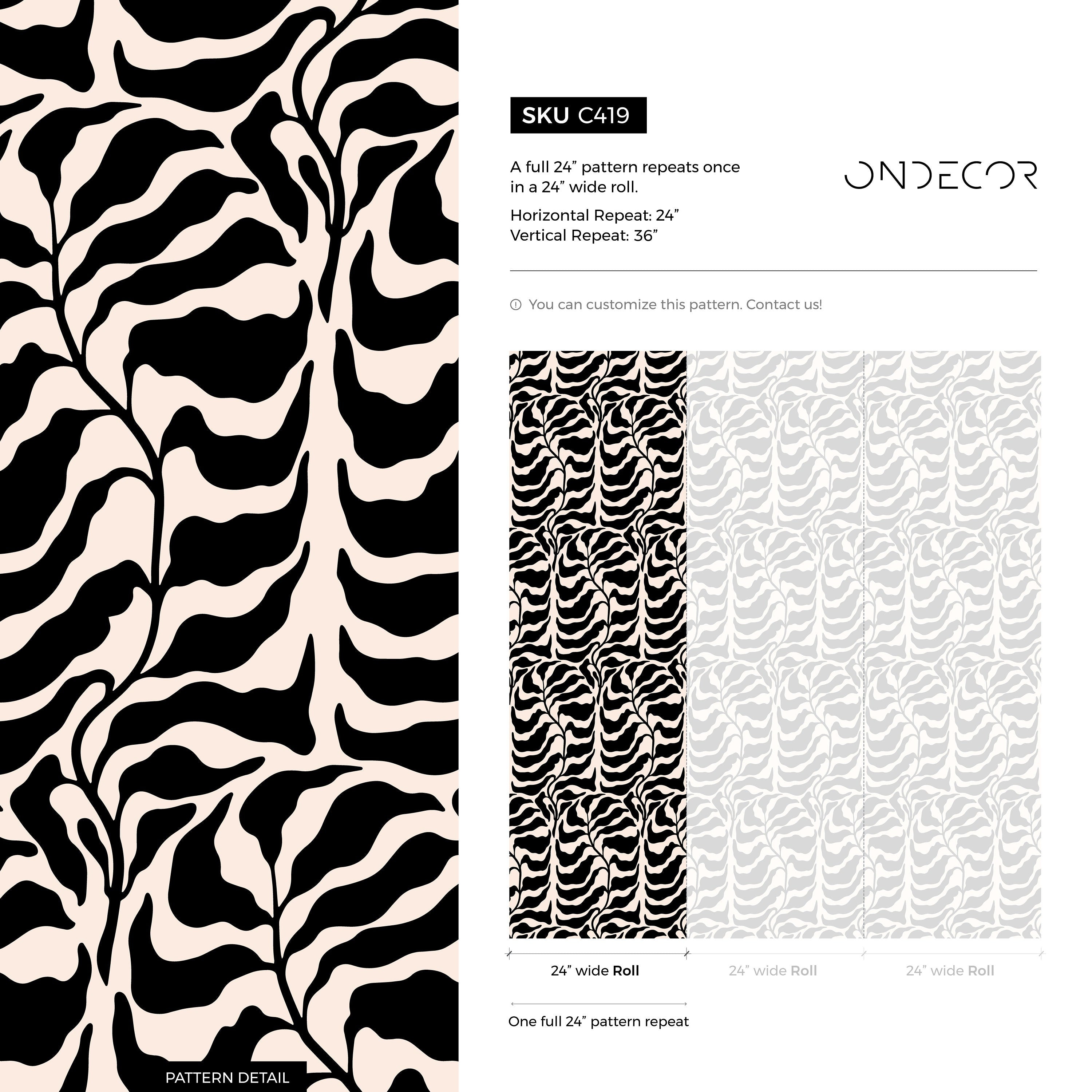 Abstract Wallpaper With A Bold Leaf Motif In Black And Cream - C419