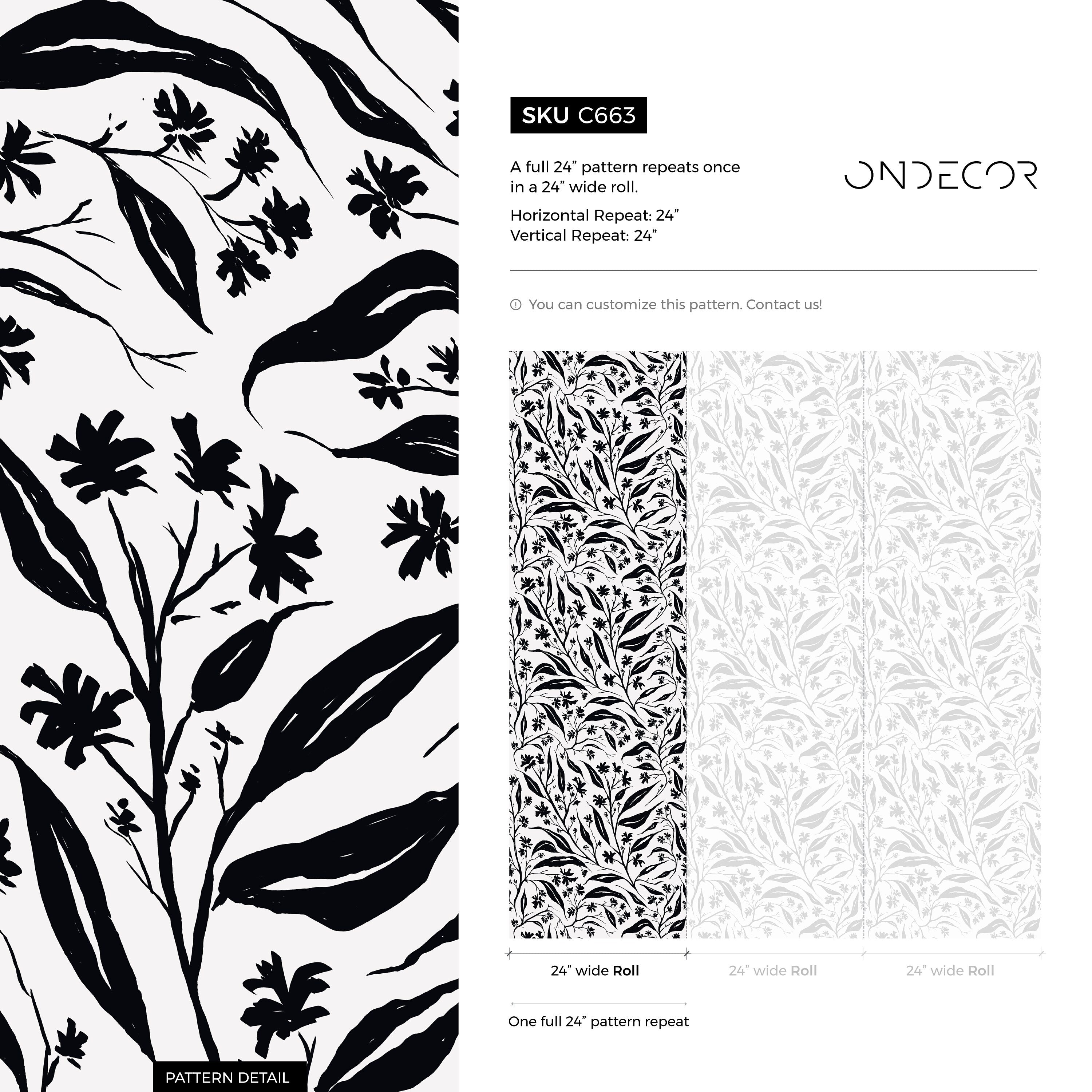 Tropical Wallpaper With Wildflower Vines In Black And Gray - C663