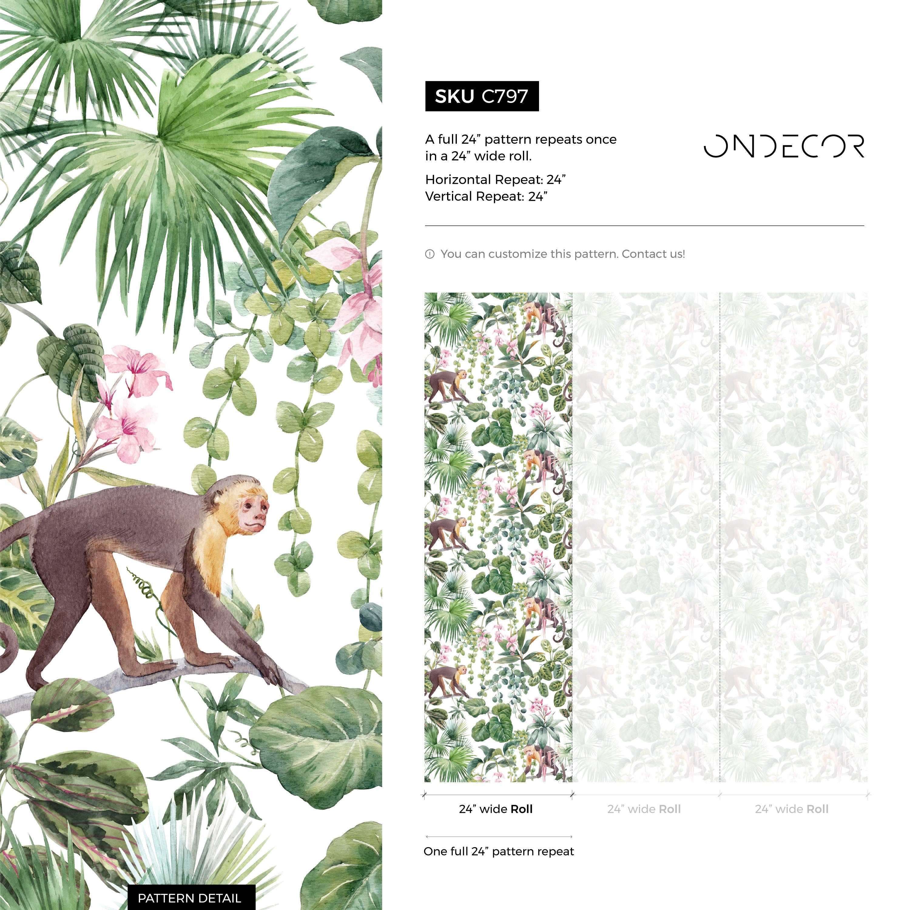 Botanical Wallpaper With A Monkey And Jungle Motif In Green, Brown, And Pink - C797