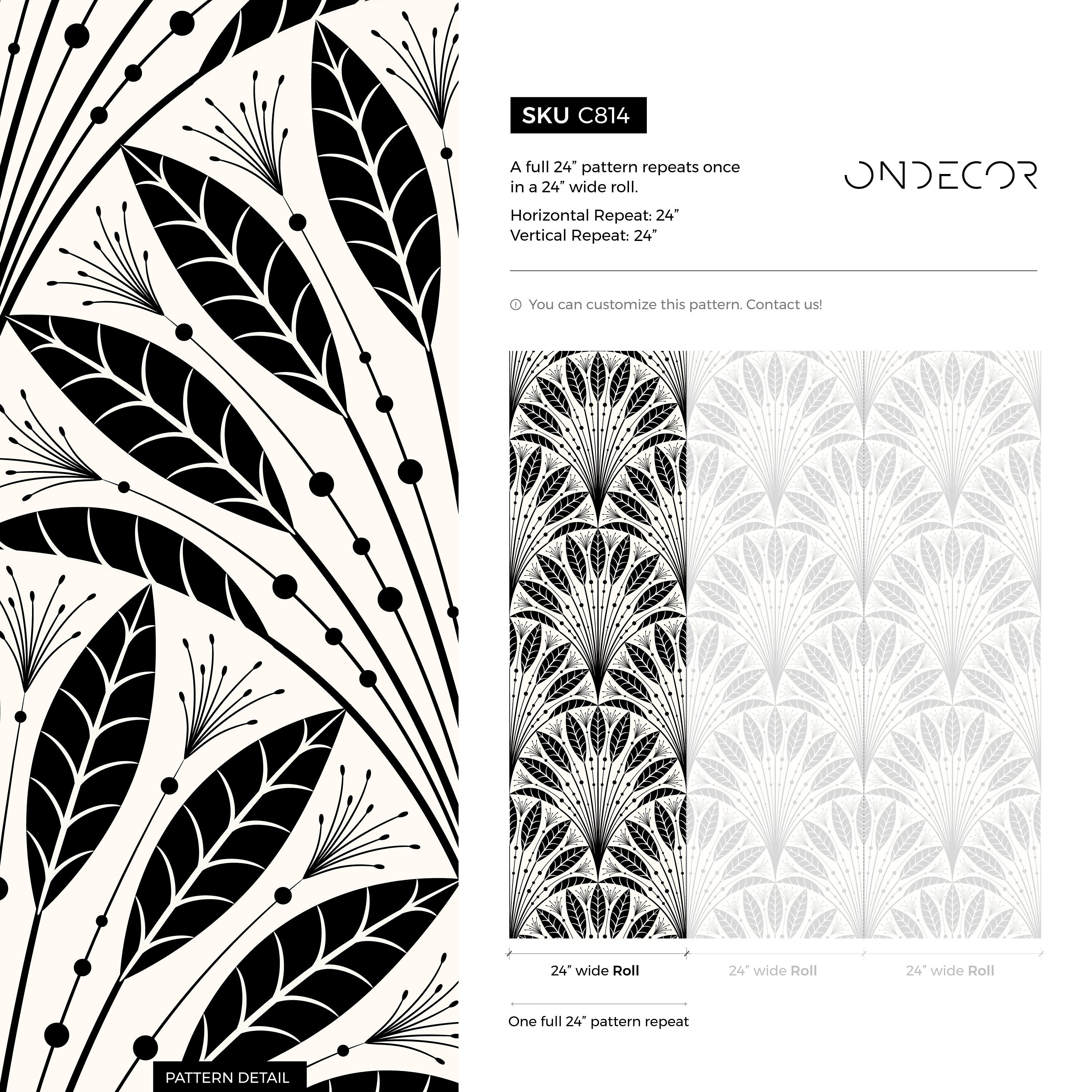 Art Deco Wallpaper With A Fanned Feather Motif In Black And Beige - C814