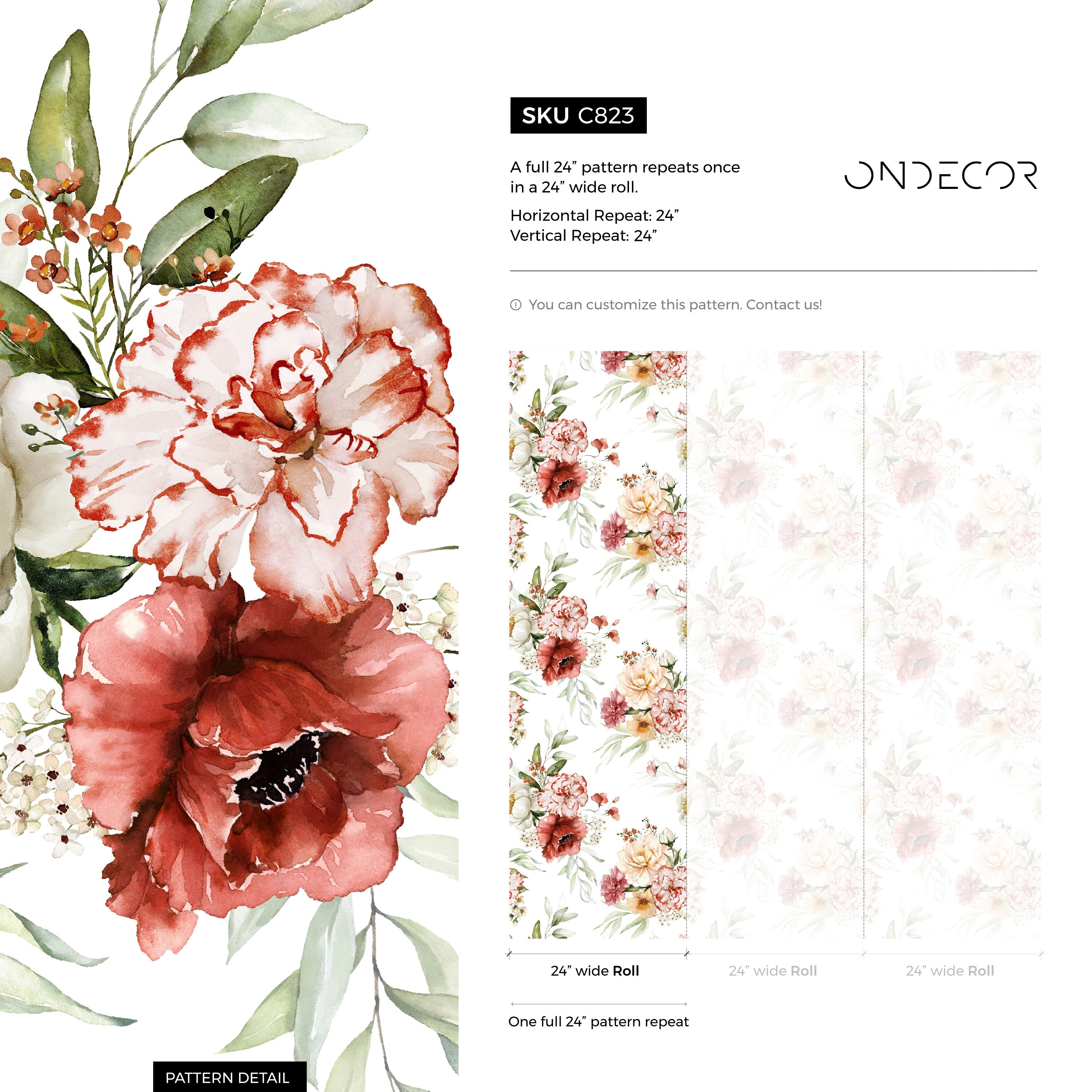 Floral Wallpaper Featuring Watercolor Peonies In Red, Pink, And Green - C823