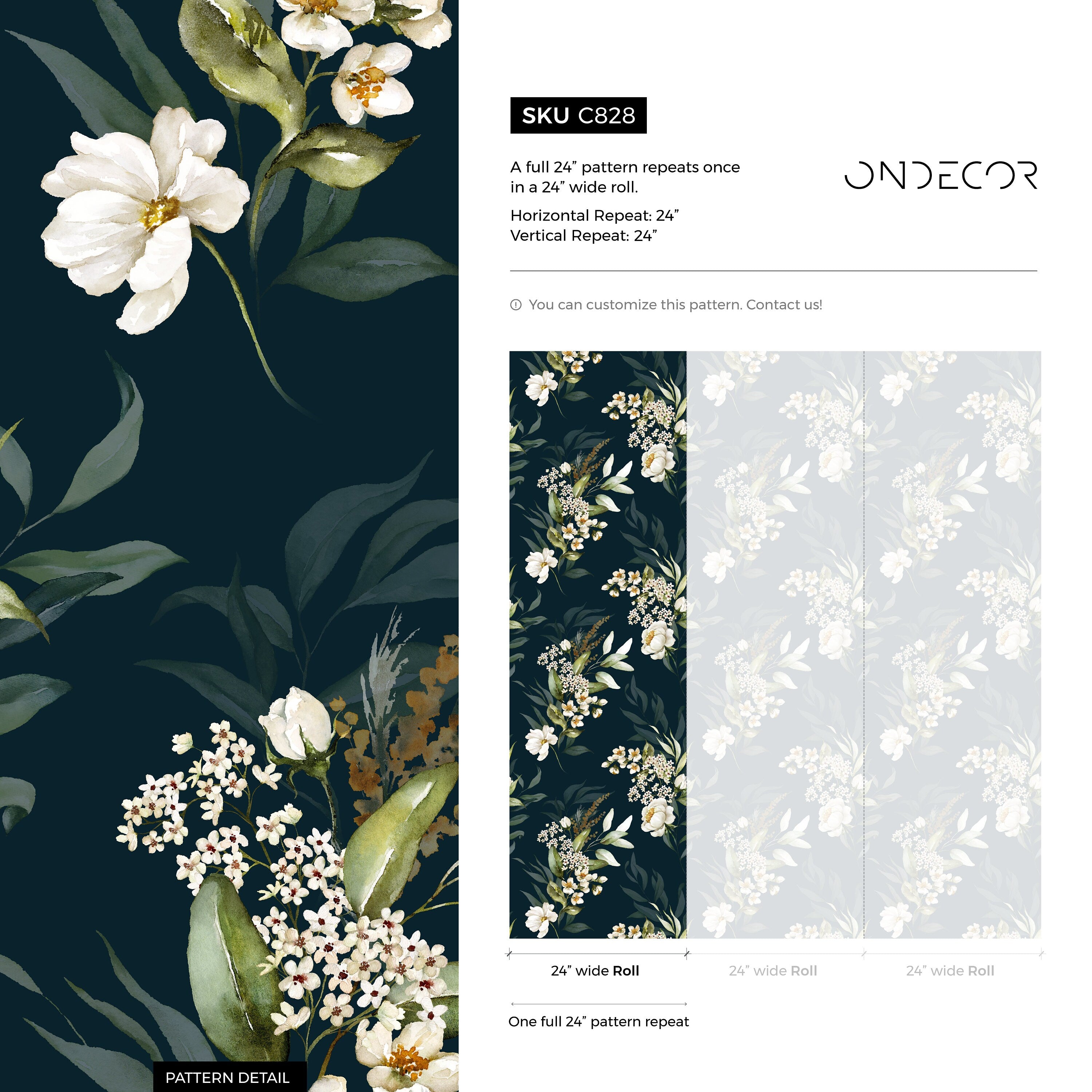 Floral Wallpaper With White Bouquets In Dark Green And Cream - C828