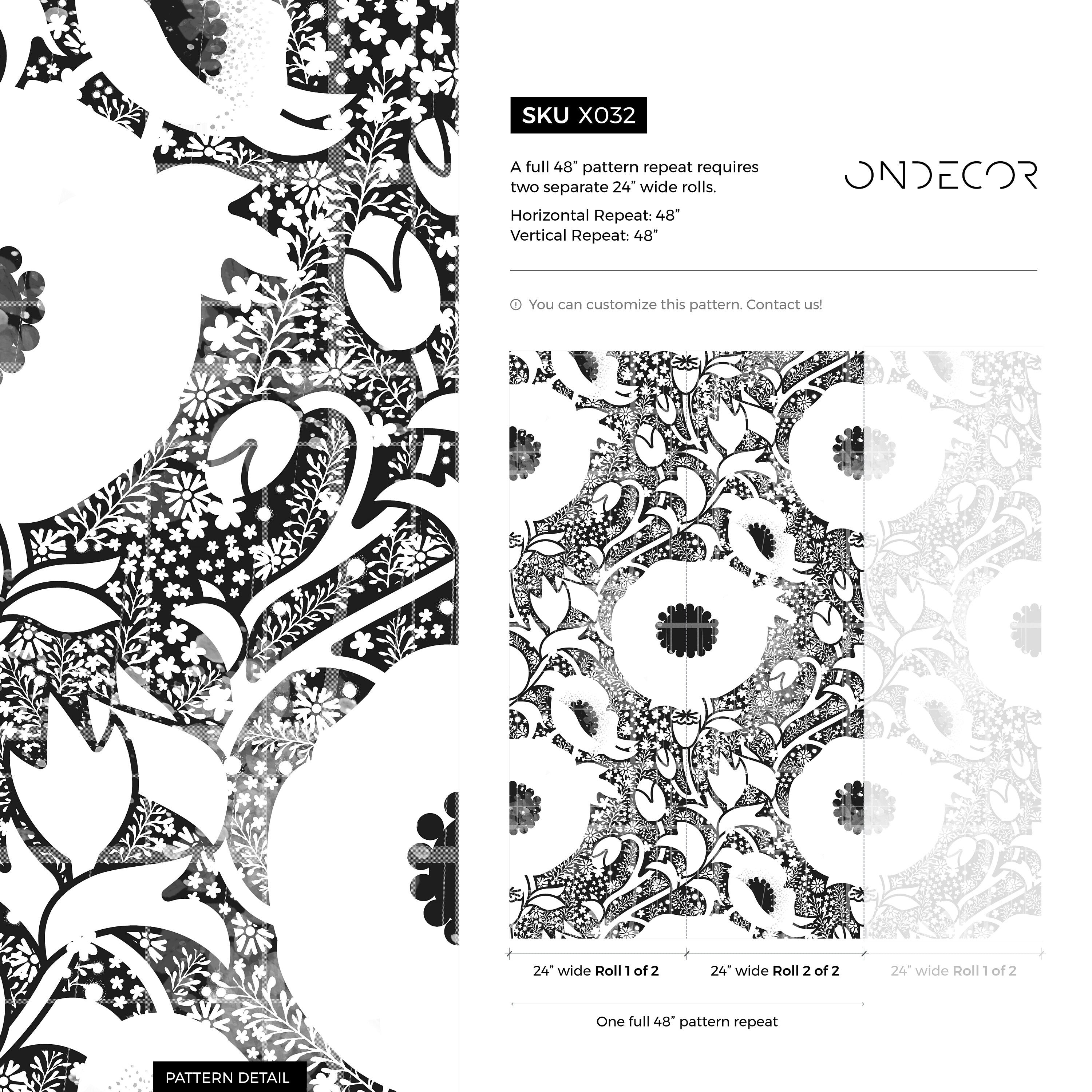 Floral Wallpaper With A Graphic Collage Motif In Black And White - X032
