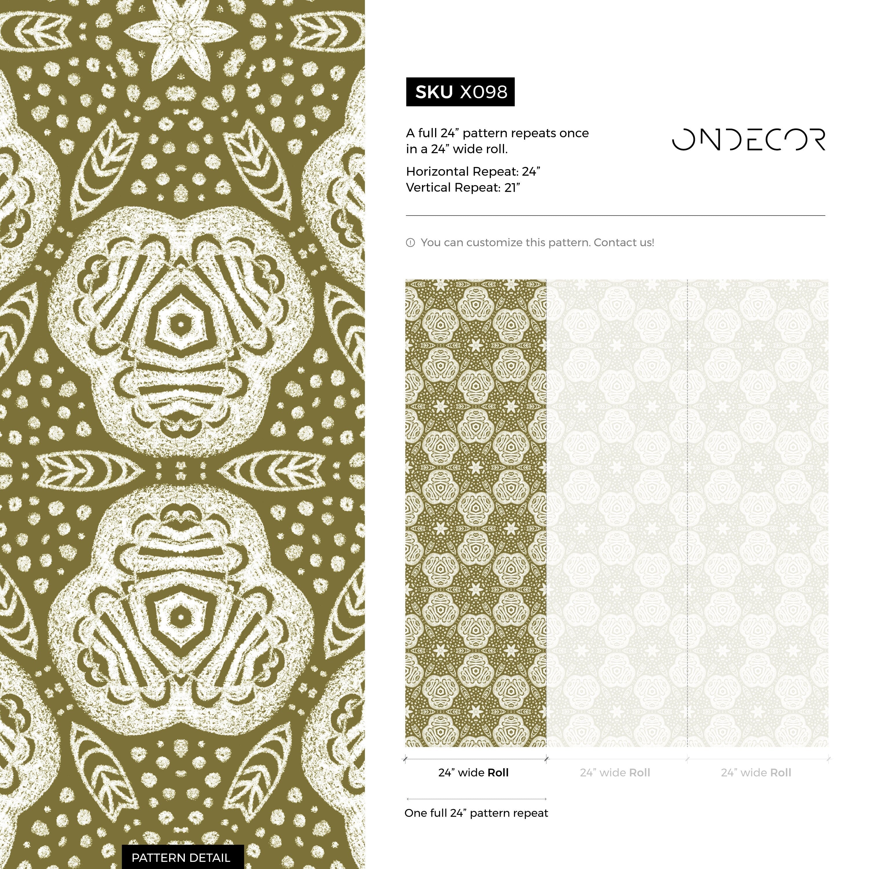 Bohemian Wallpaper With Folk Art Medallions In Olive Green And White - X098