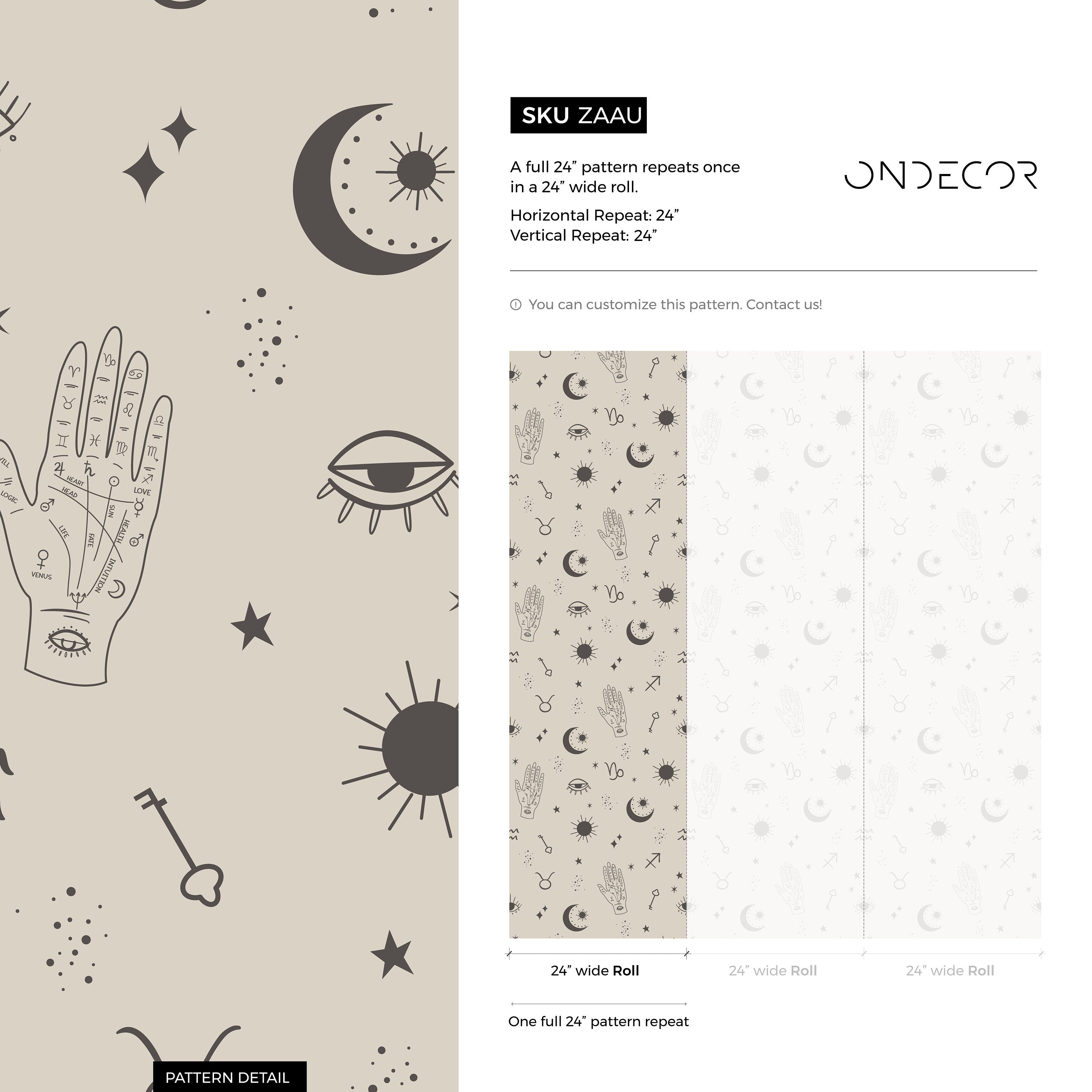Celestial Wallpaper With Zodiac And Mystical Symbols In Charcoal And Beige - Zaau