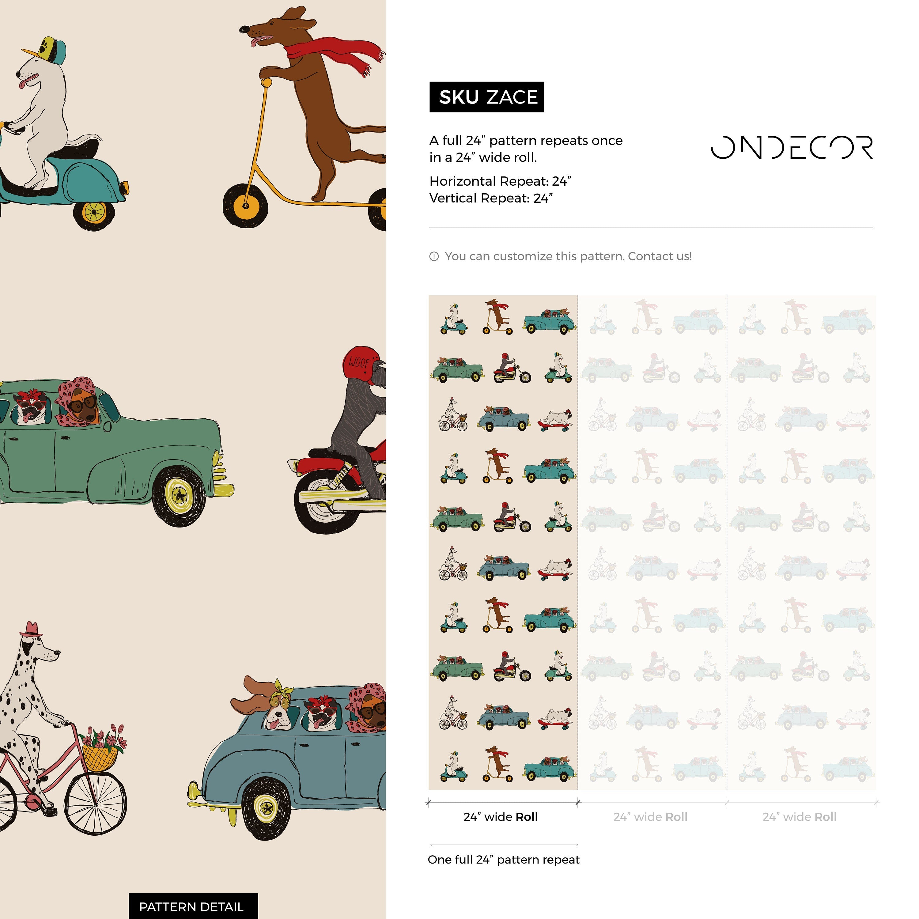 Animal Wallpaper Featuring Dogs In Cars And Scooters In Teal And Red - Zace