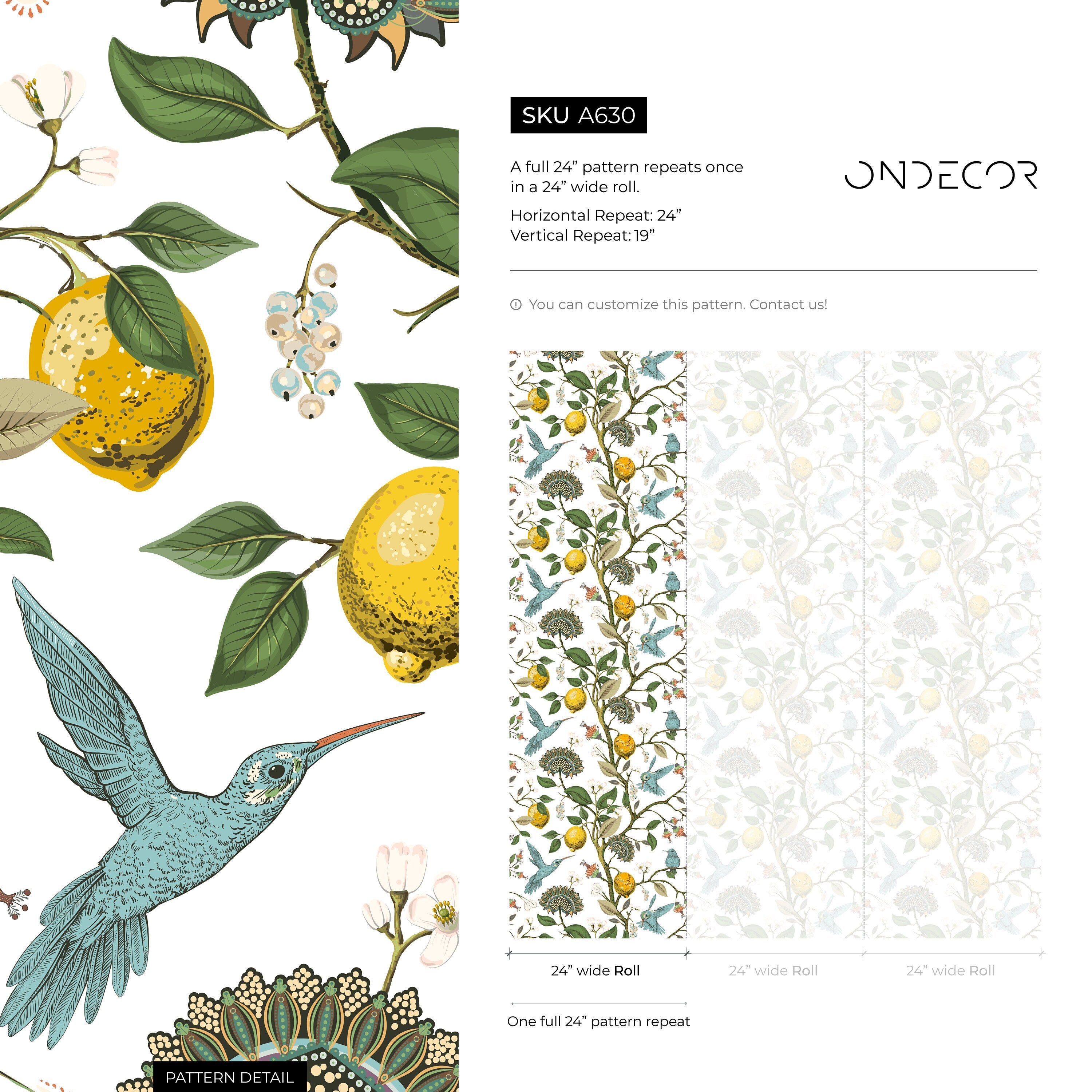 Botanical Wallpaper With Lemons And Hummingbirds In Blue, Yellow, And Green - A630