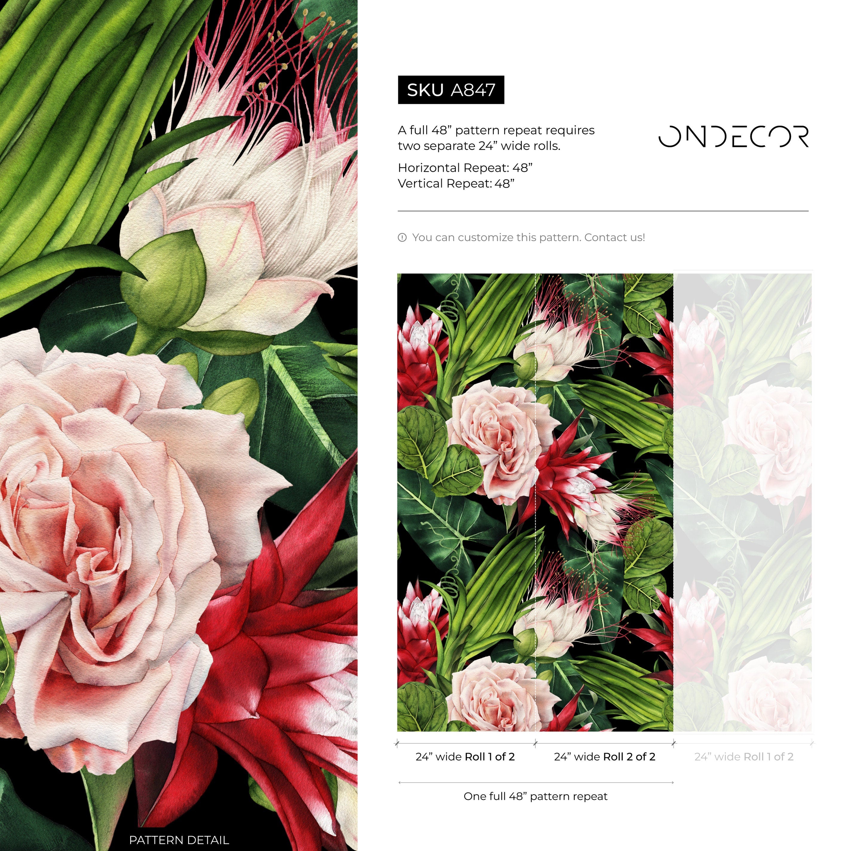 Botanical Wallpaper With Tropical Roses And Exotic Blooms In Pink, Red, And Green - A847