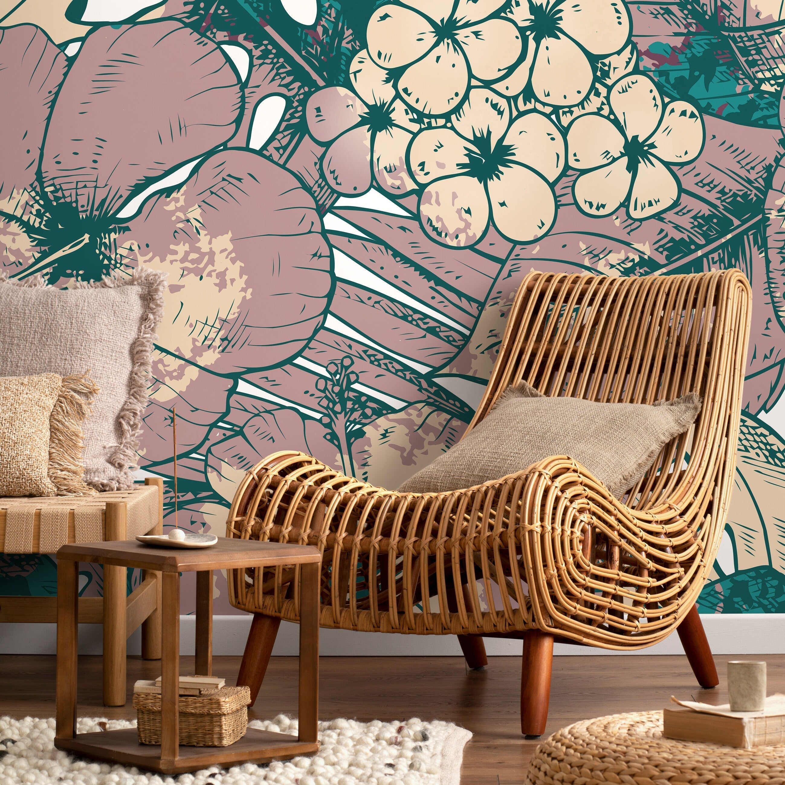 Tropical Wallpaper With Sketched Hibiscus In Mauve, Teal, And Beige - D952