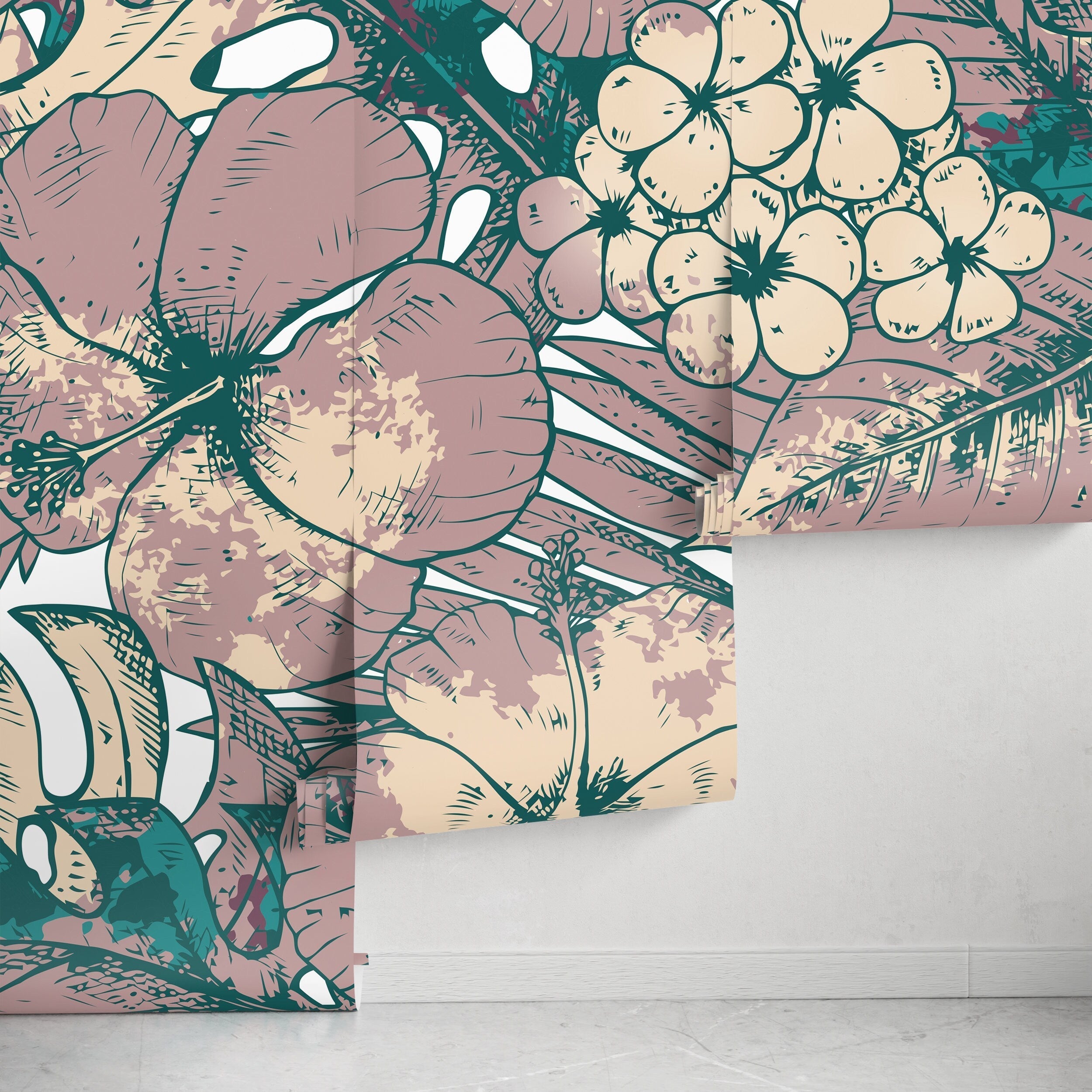 Tropical Wallpaper With Sketched Hibiscus In Mauve, Teal, And Beige - D952