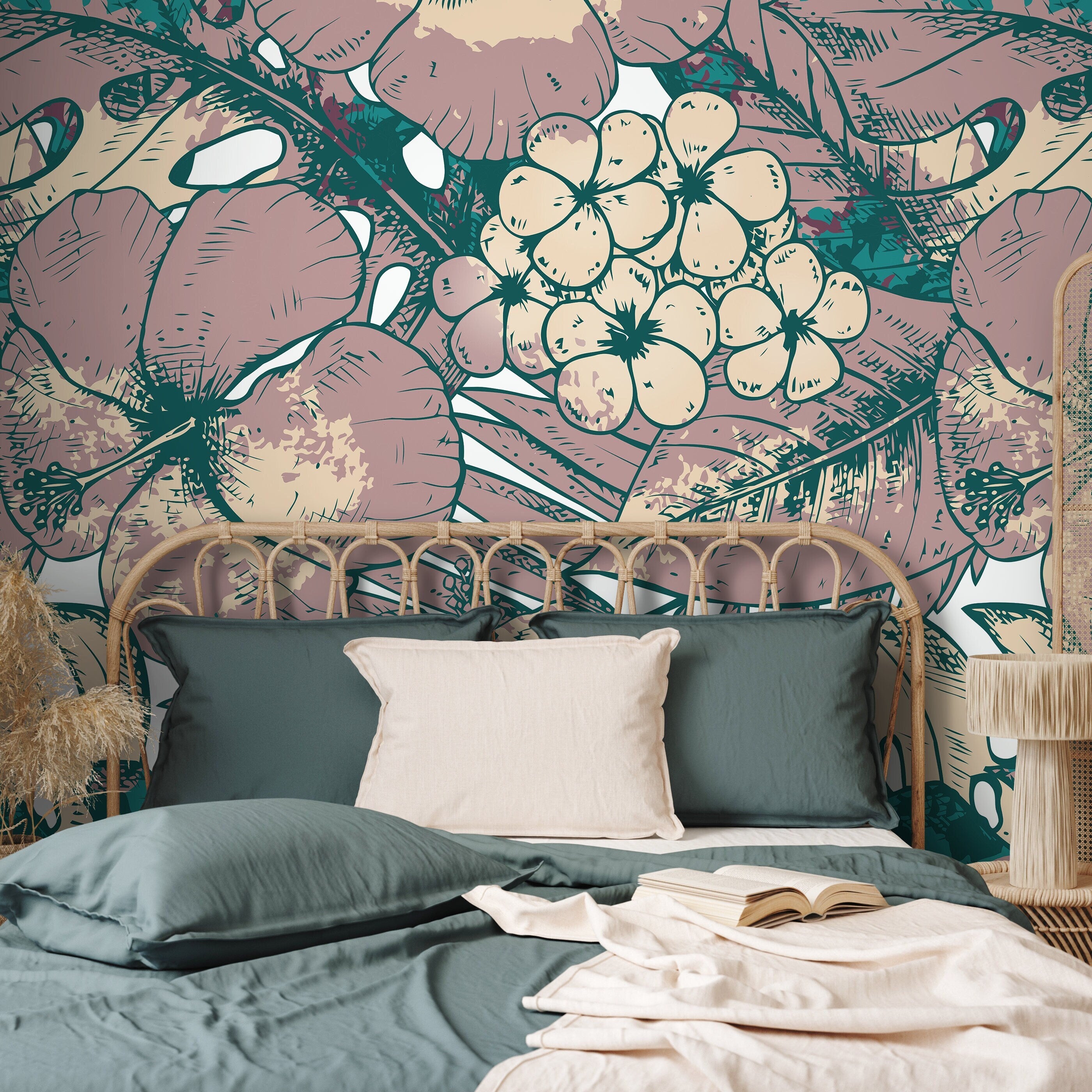 Tropical Wallpaper With Sketched Hibiscus In Mauve, Teal, And Beige - D952