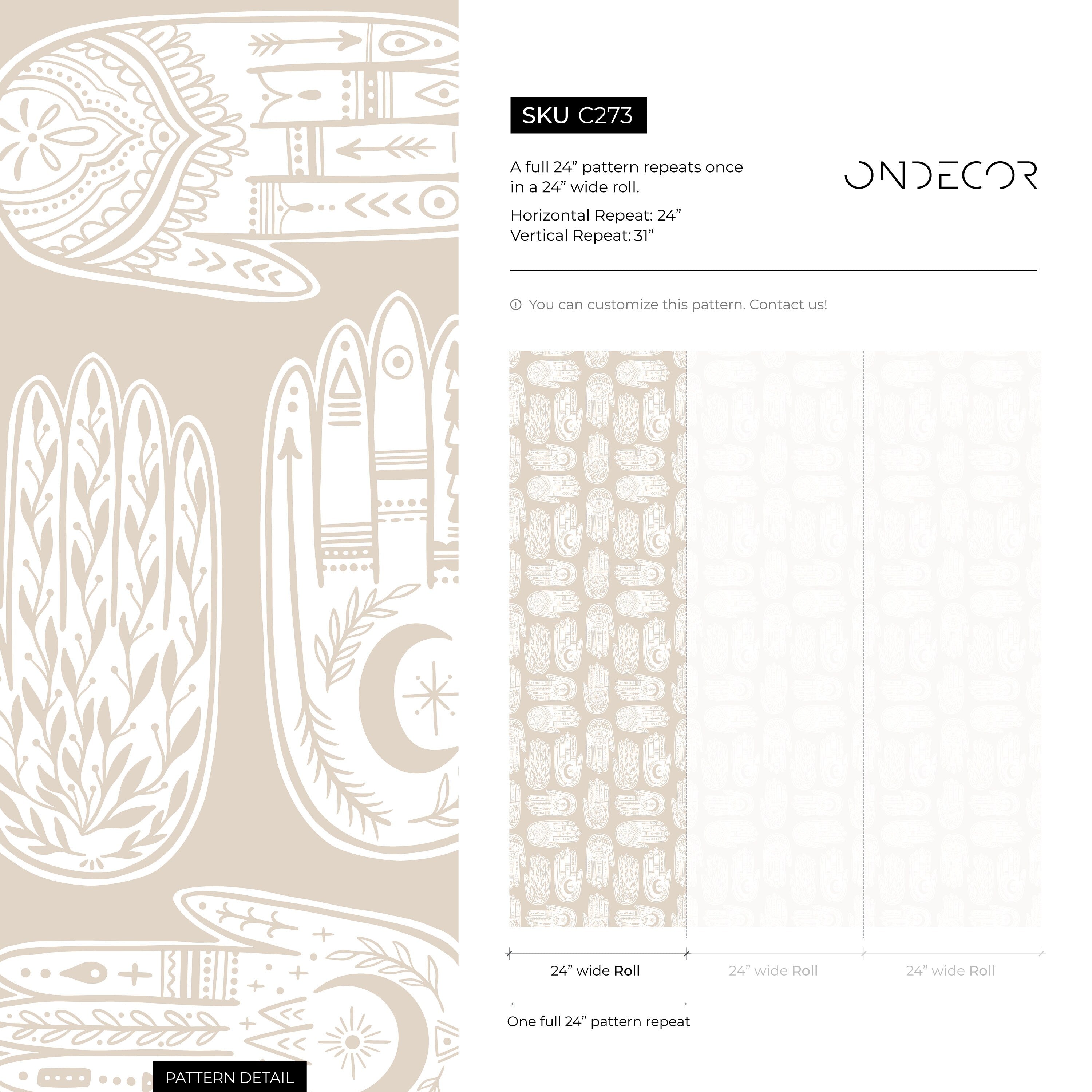 Bohemian Wallpaper Featuring Hamsa Hand Motifs In Beige And White - C273